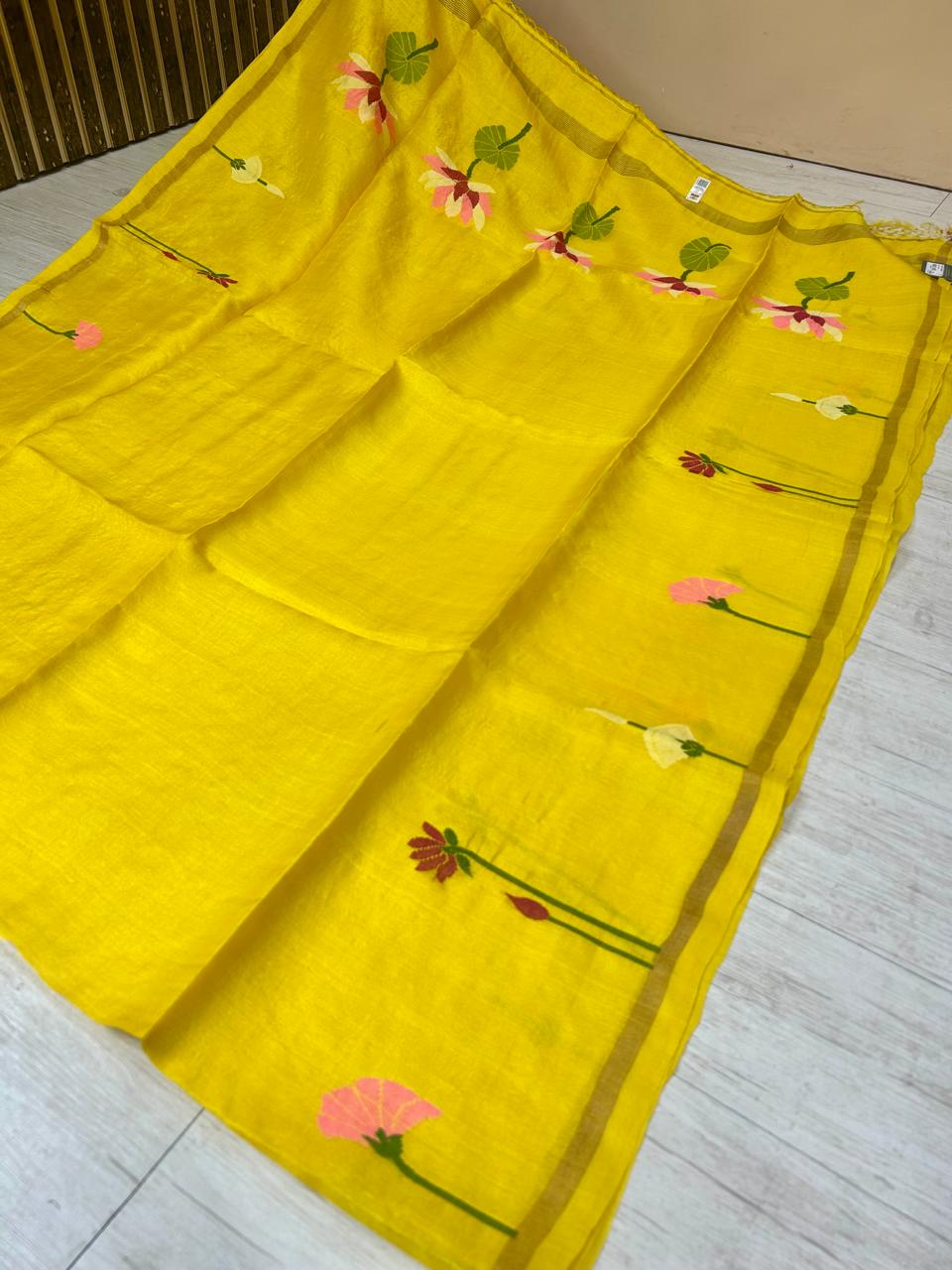 Yellow pure jamdani tussar saree