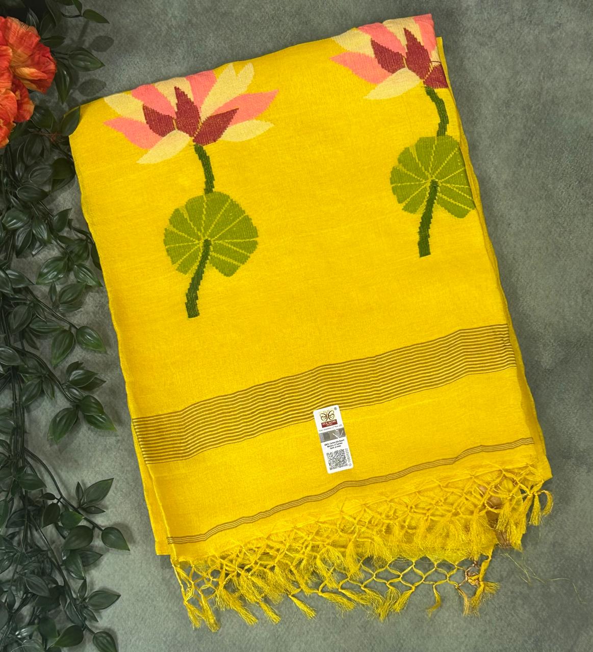 Yellow pure jamdani tussar saree