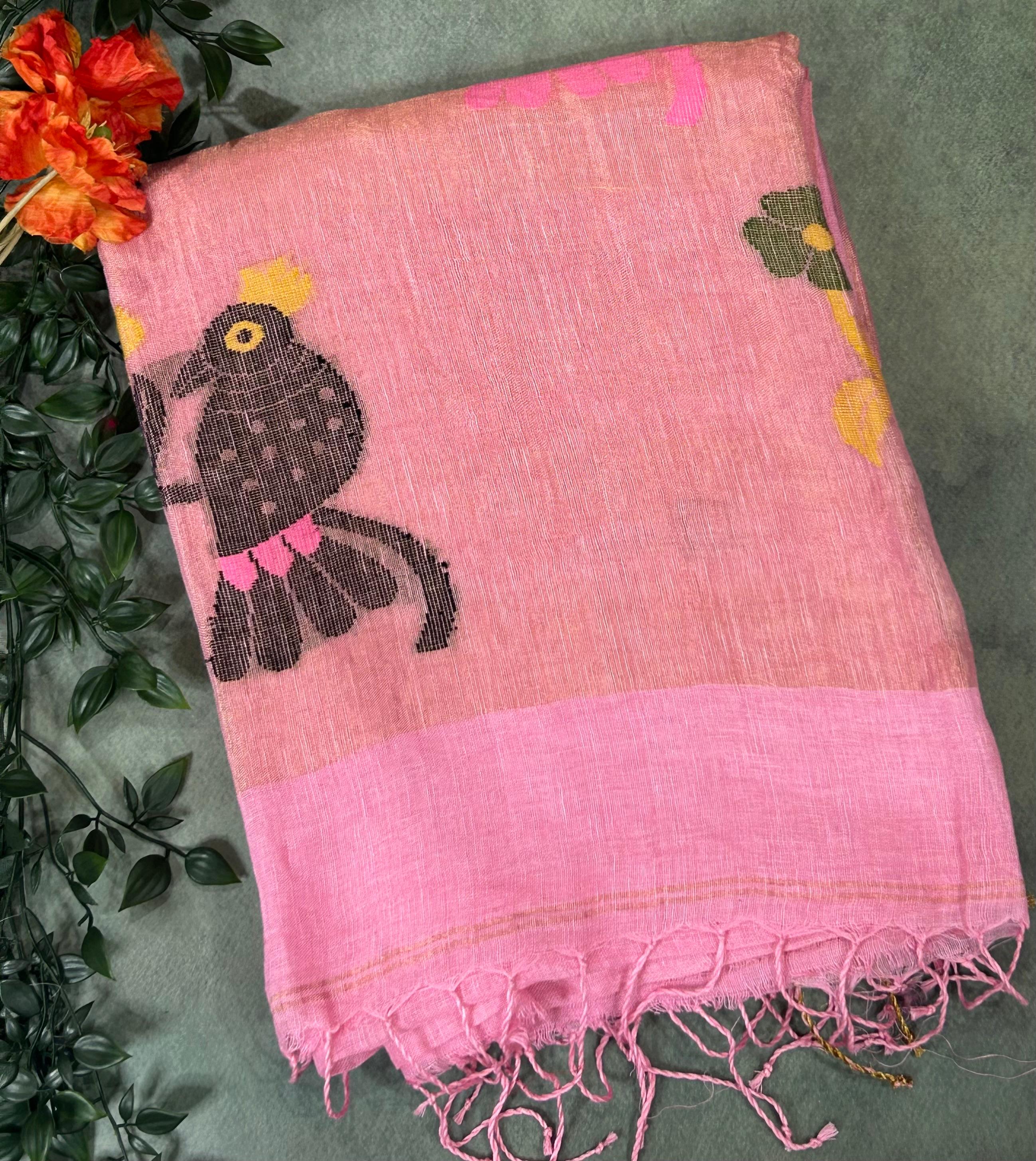 Baby pink pure jamdani linen saree