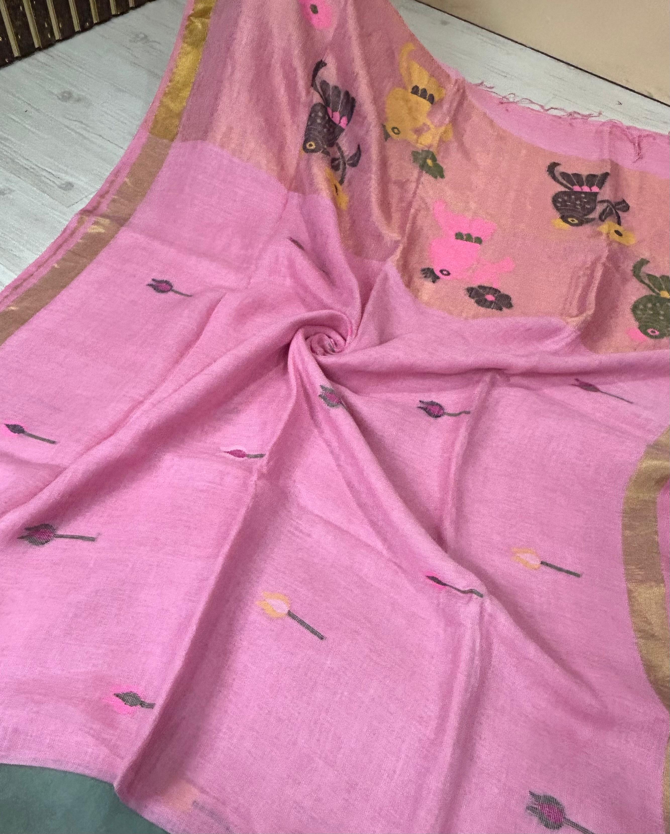 Baby pink pure jamdani linen saree
