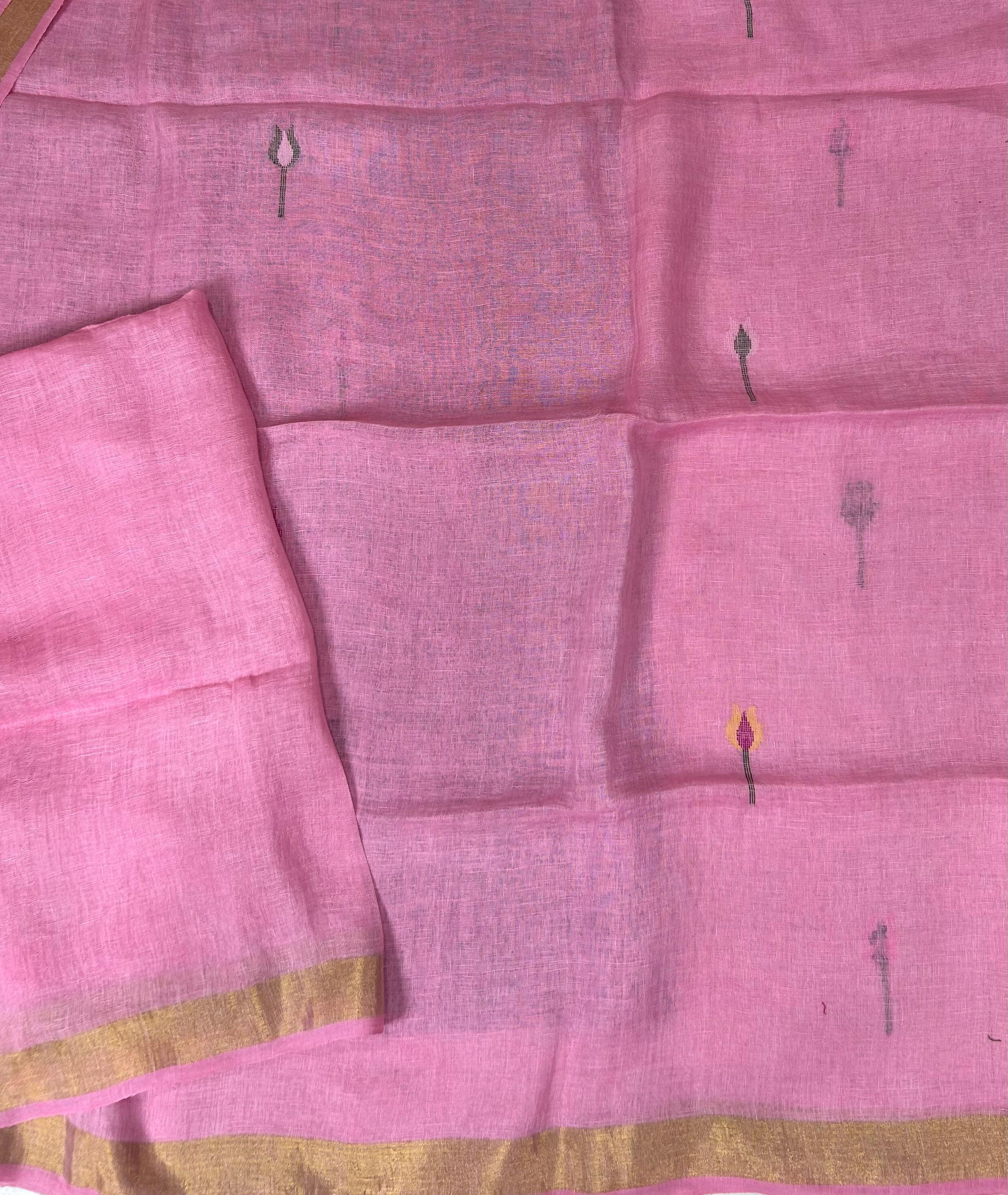 Baby pink pure jamdani linen saree