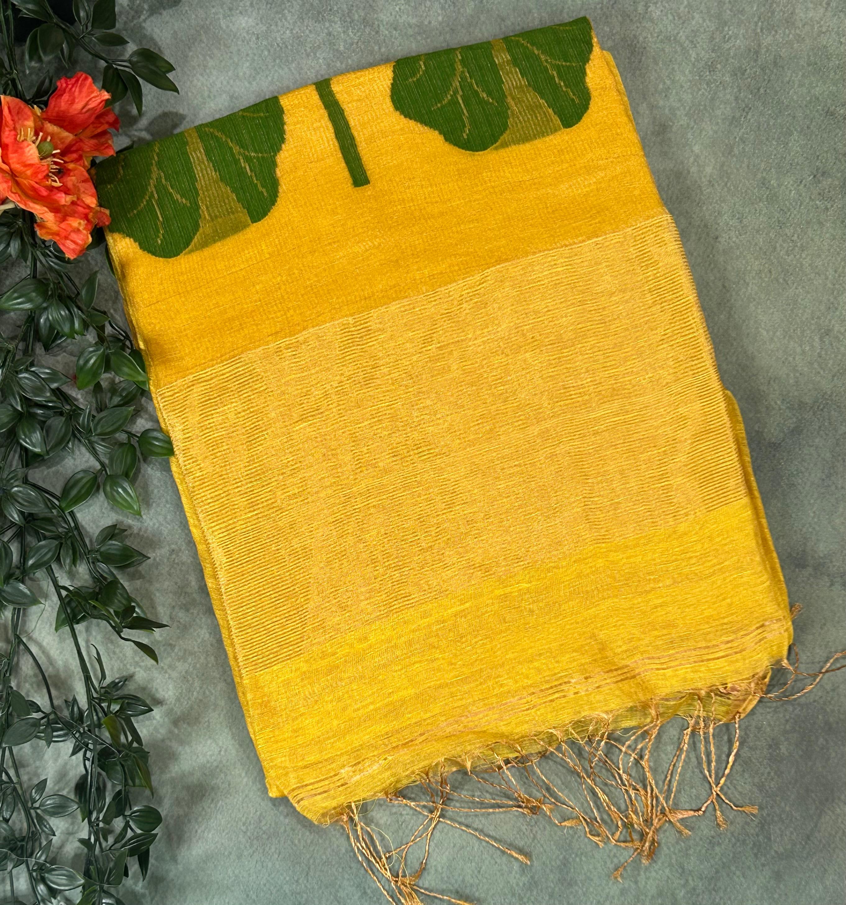 Yellow pure jamdani 102 linen saree