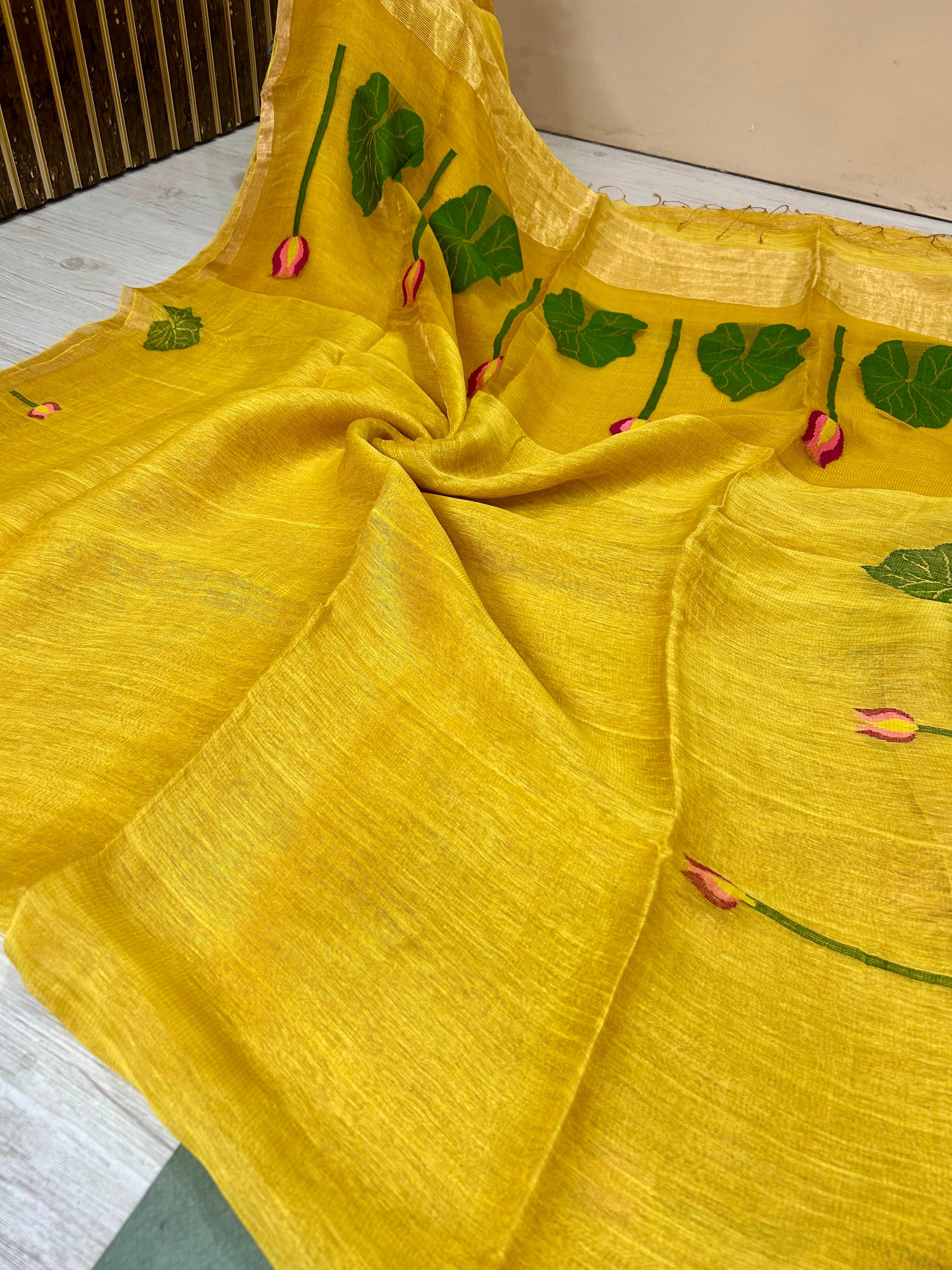 Yellow pure jamdani 102 linen saree