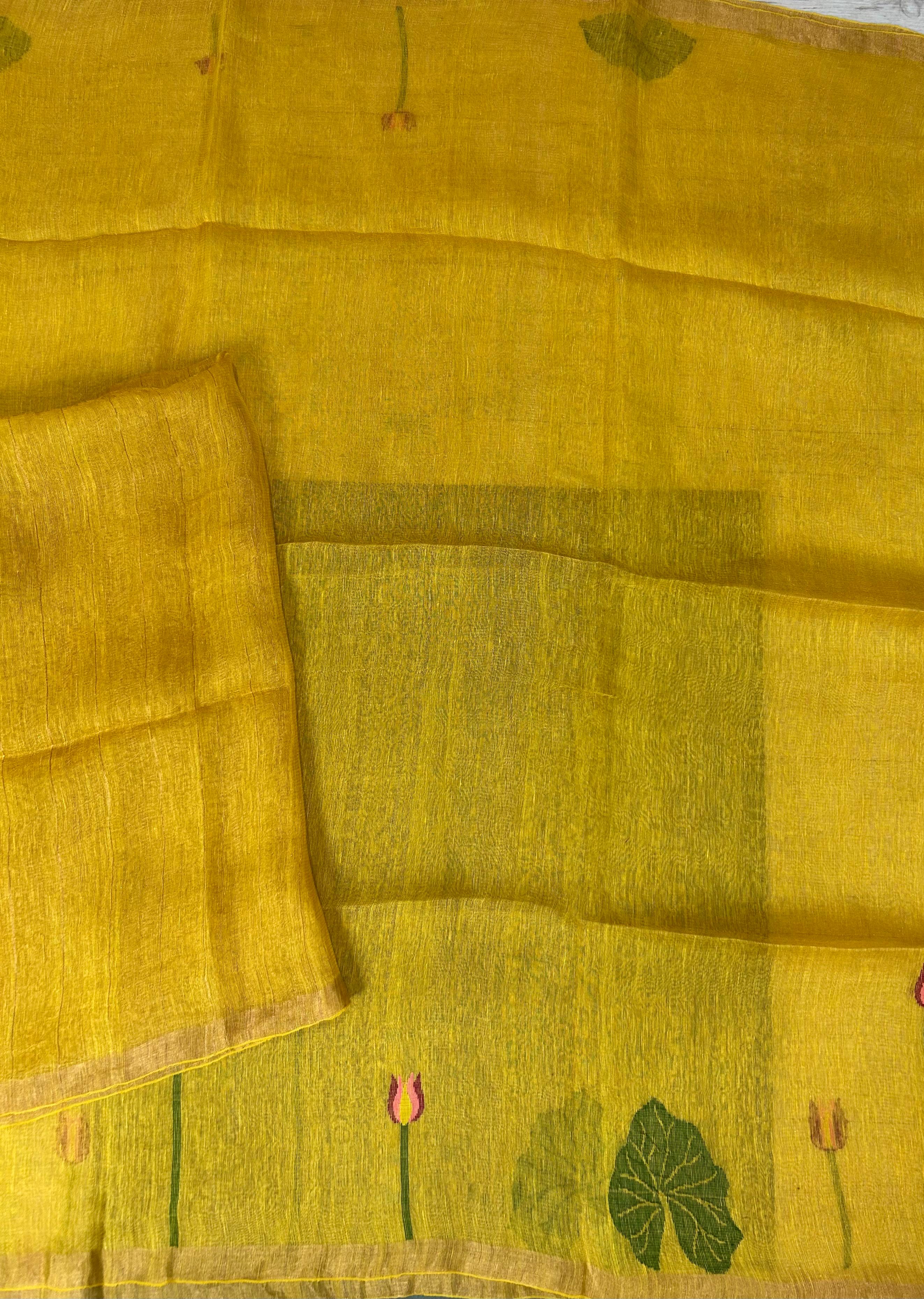 Yellow pure jamdani 102 linen saree
