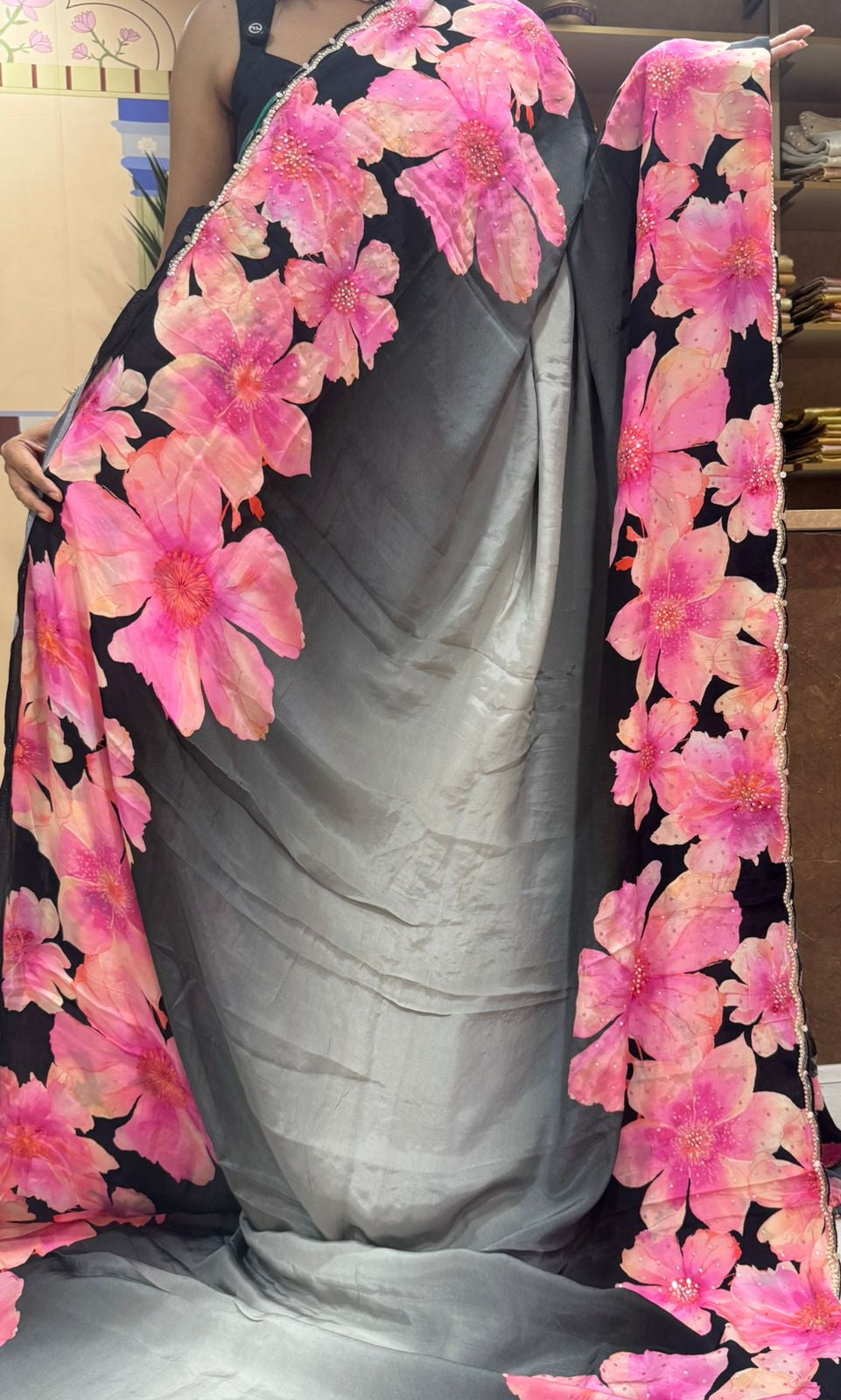 Grey digital printed crepe 101 party wear saree