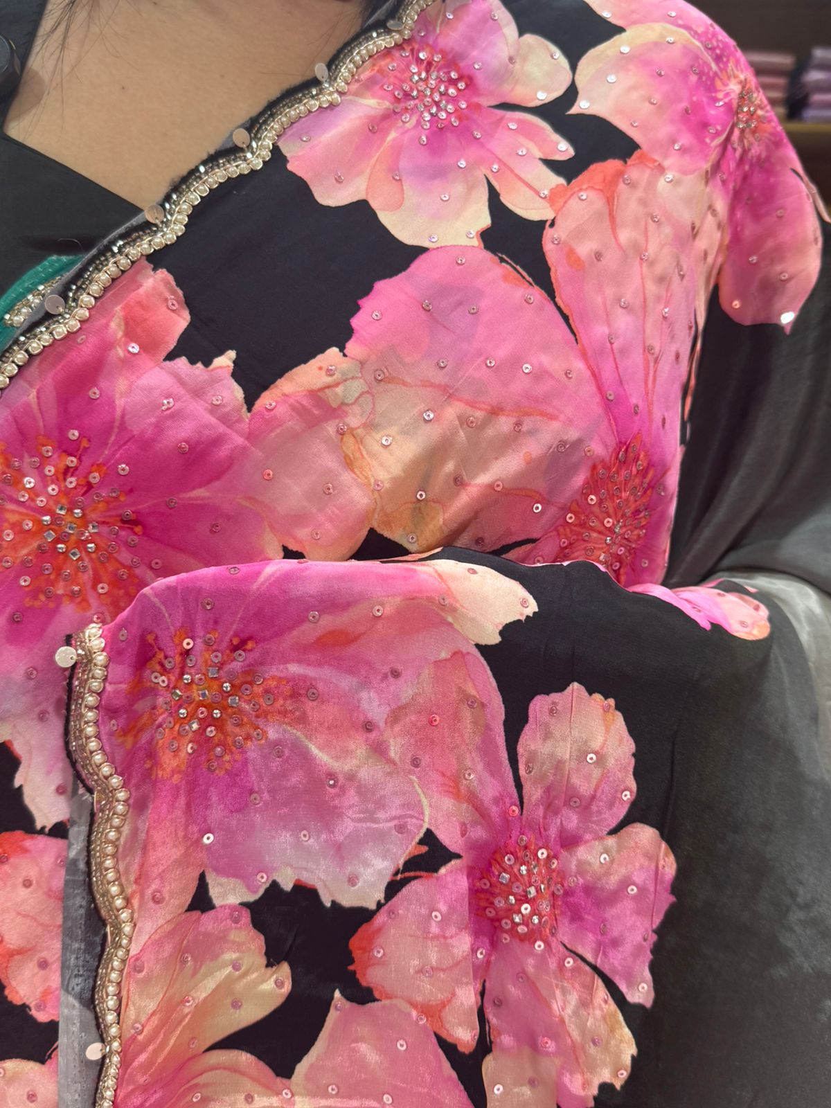 Grey digital printed crepe 101 party wear saree