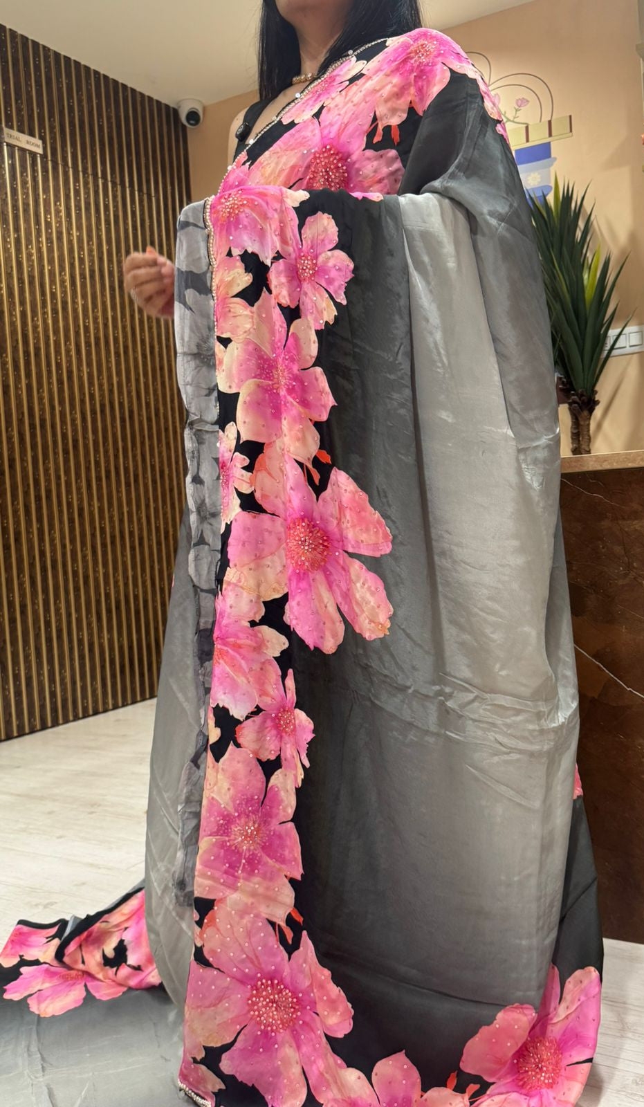 Grey digital printed crepe 101 party wear saree