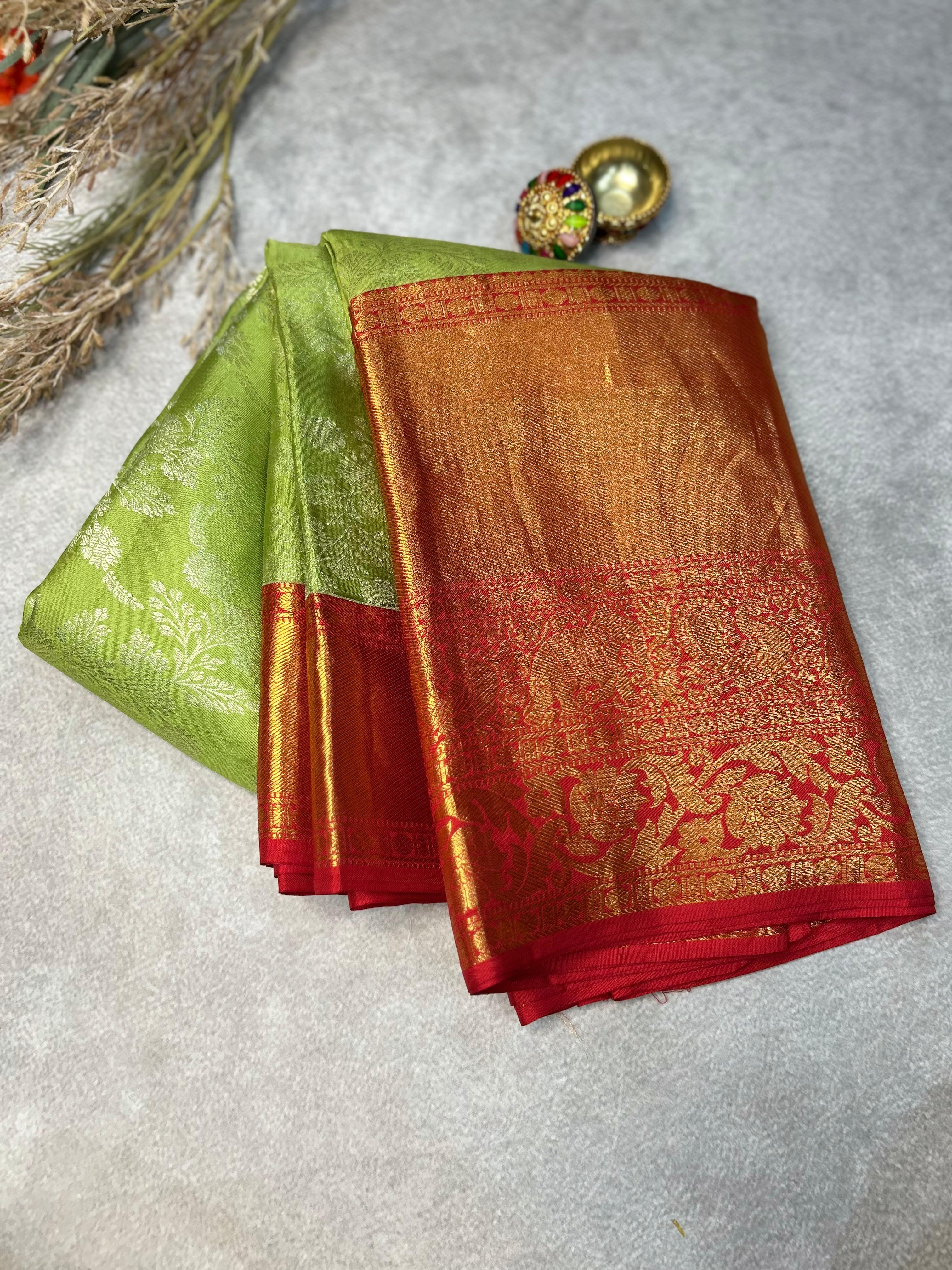 Pastel green n red  pure kanchipuram-101 silk saree