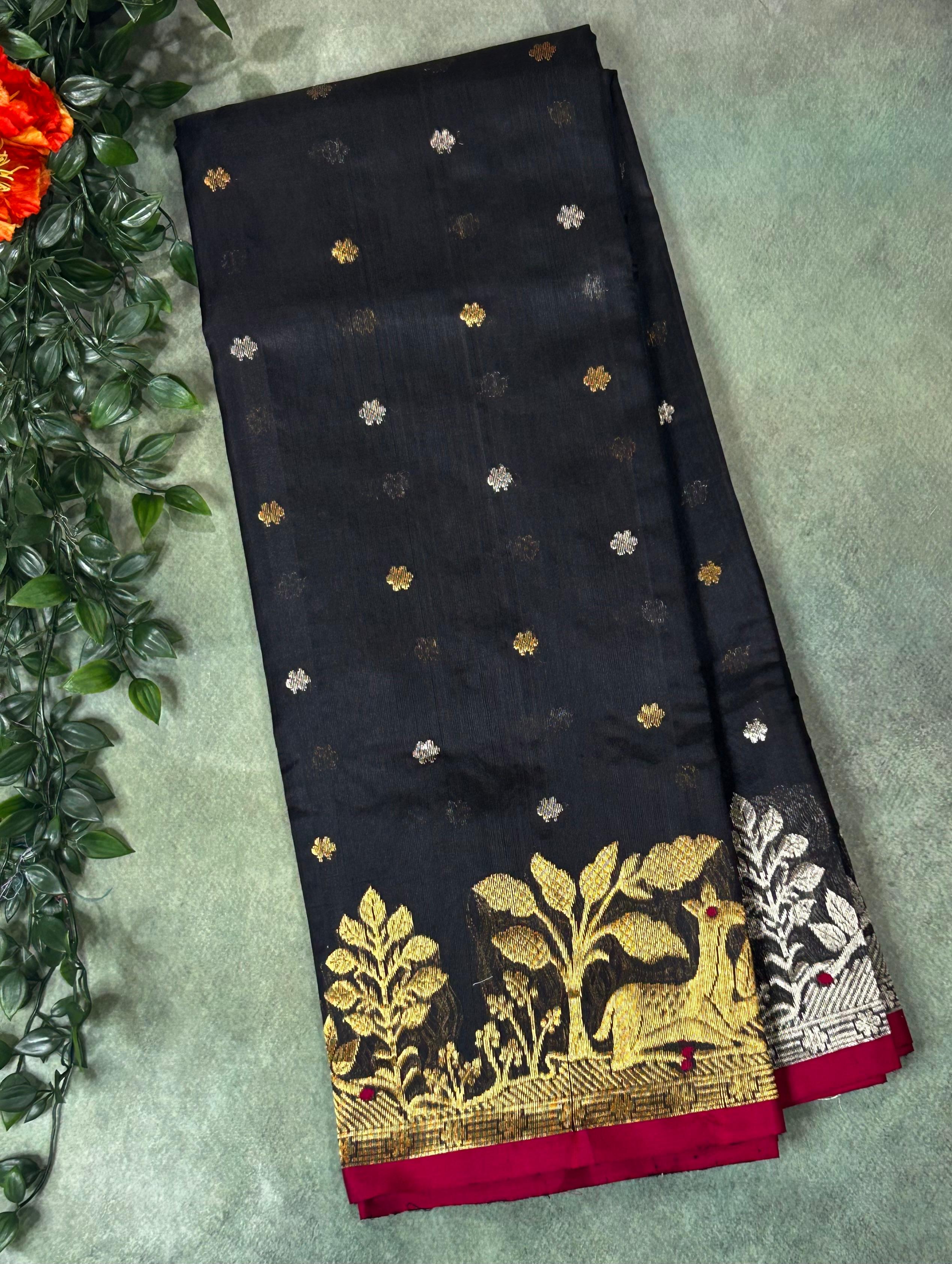 Black pure Chanderi silk saree 101