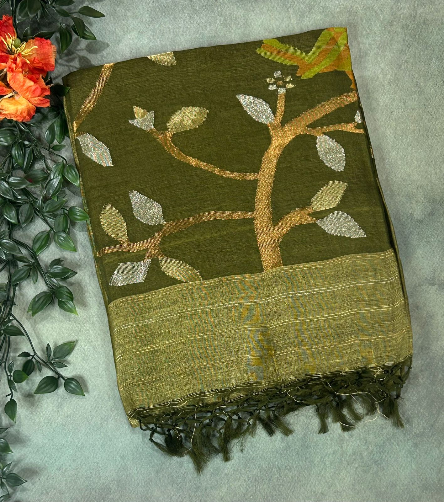 Mehandi green pure jamdani tussar saree