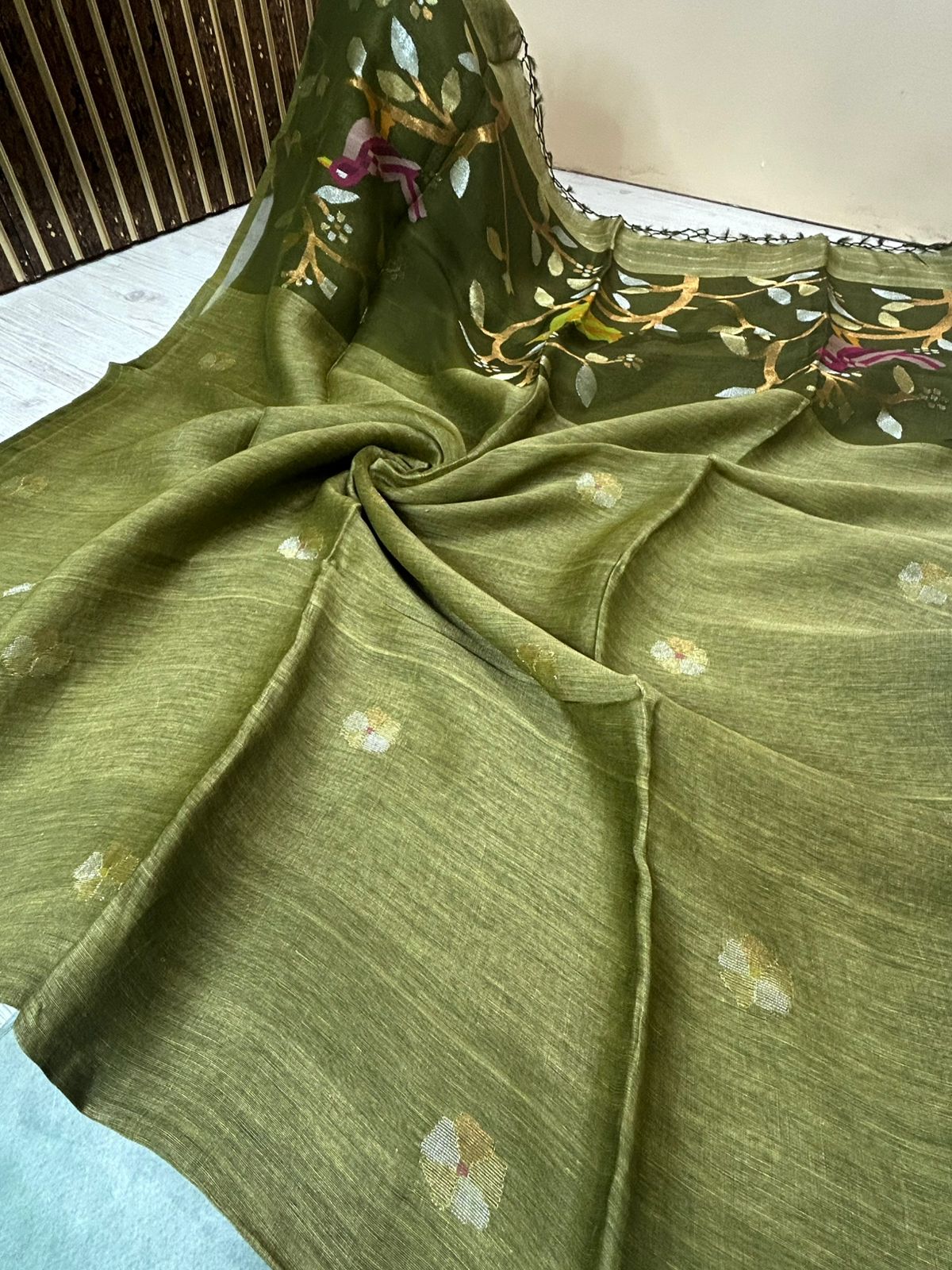 Mehandi green pure jamdani tussar saree