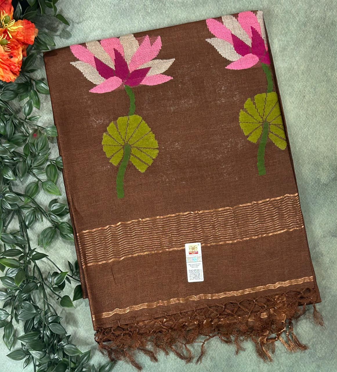Brown pure jamdani tussar saree