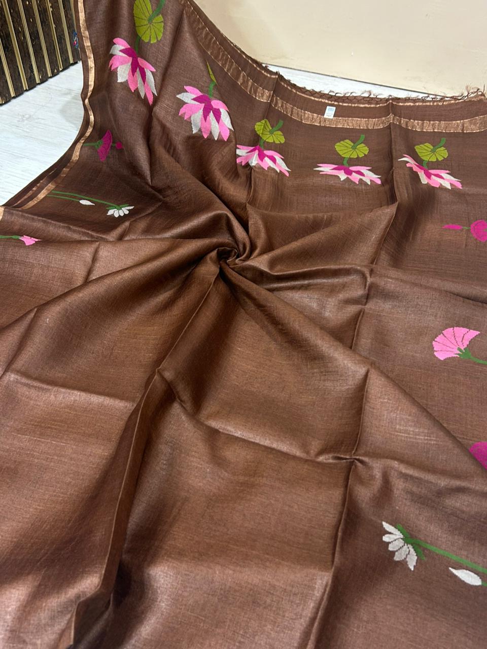 Brown pure jamdani tussar saree