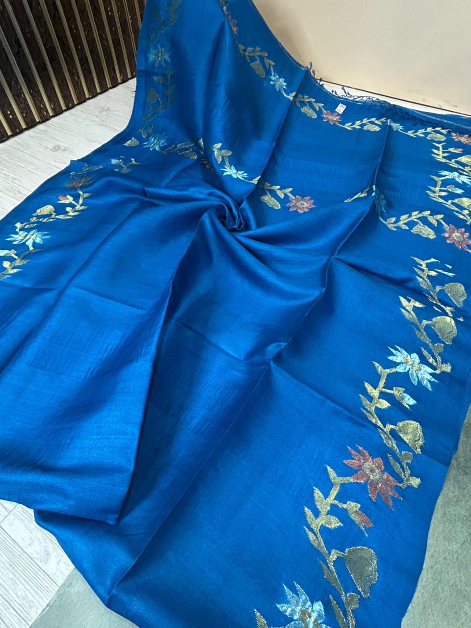 Blue pure jamdani tussar saree