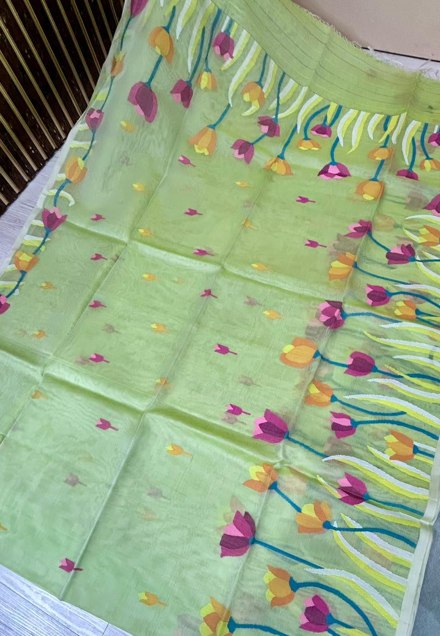 Neon green pure jamdani organza saree