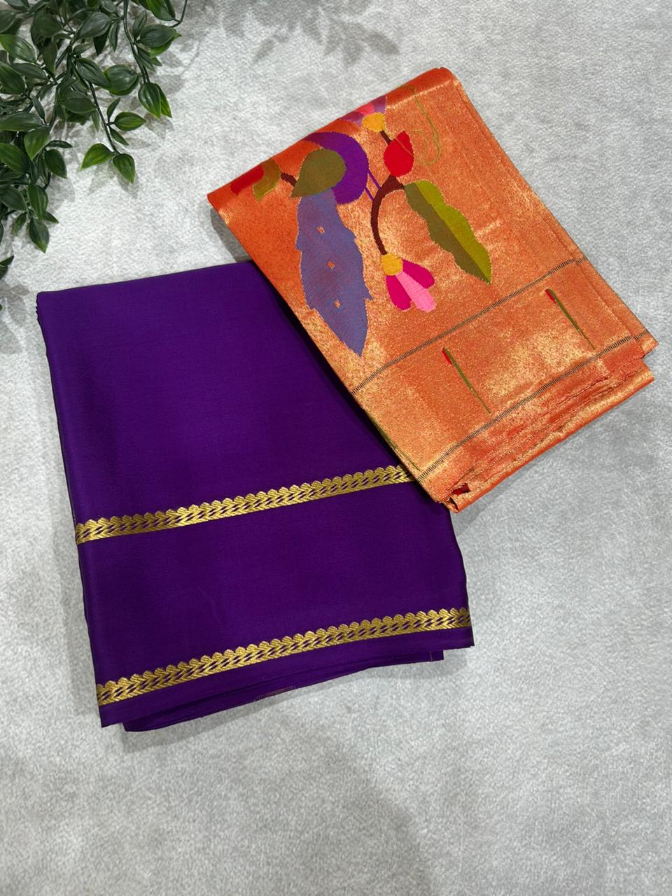 Purple pure paithani tissue blouse with mysore crepe silk saree 101