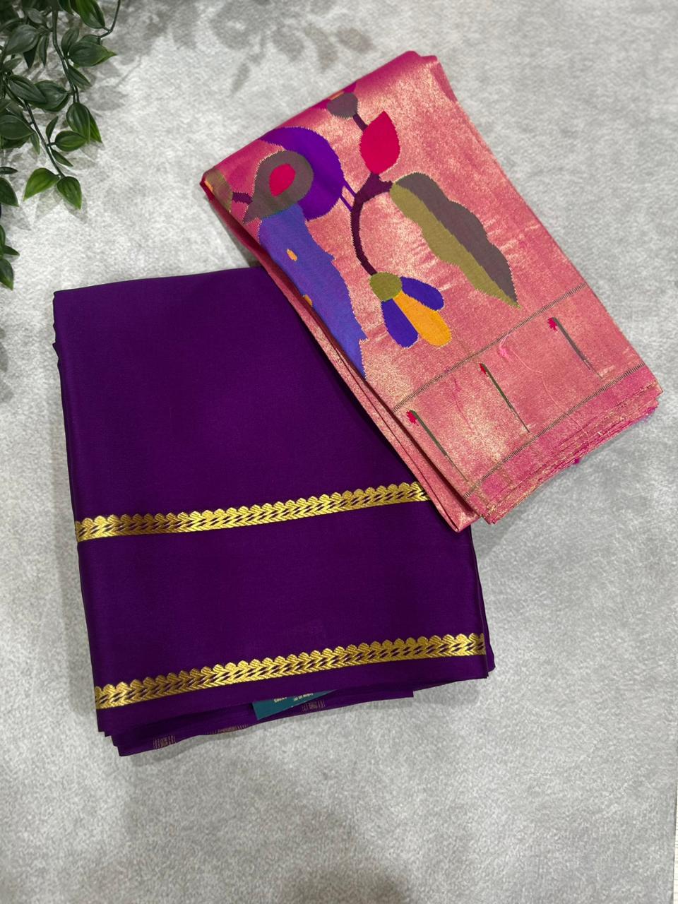 Purple pure paithani tissue blouse with mysore crepe silk saree 101