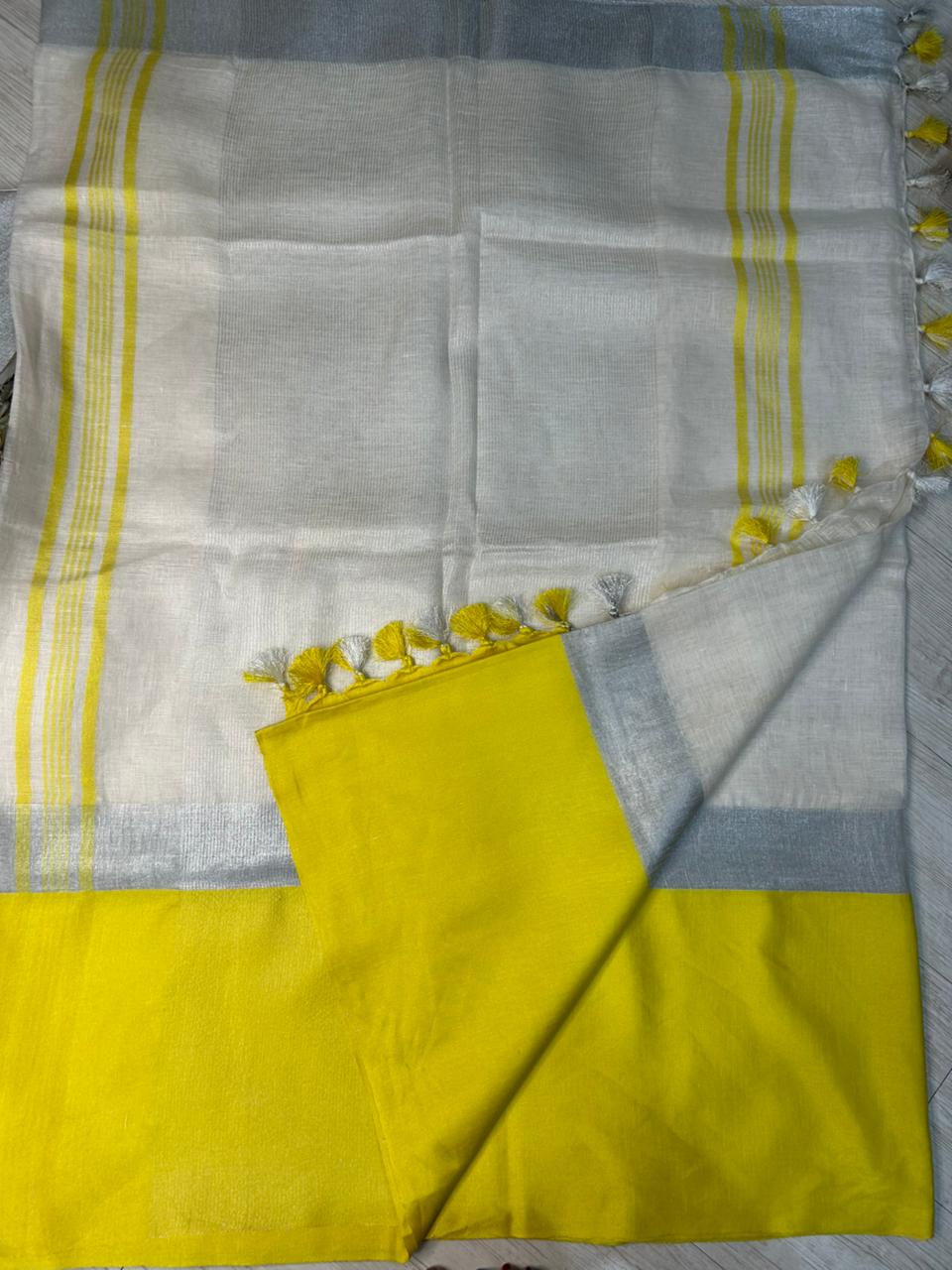 Cream n yellow linen 101 saree