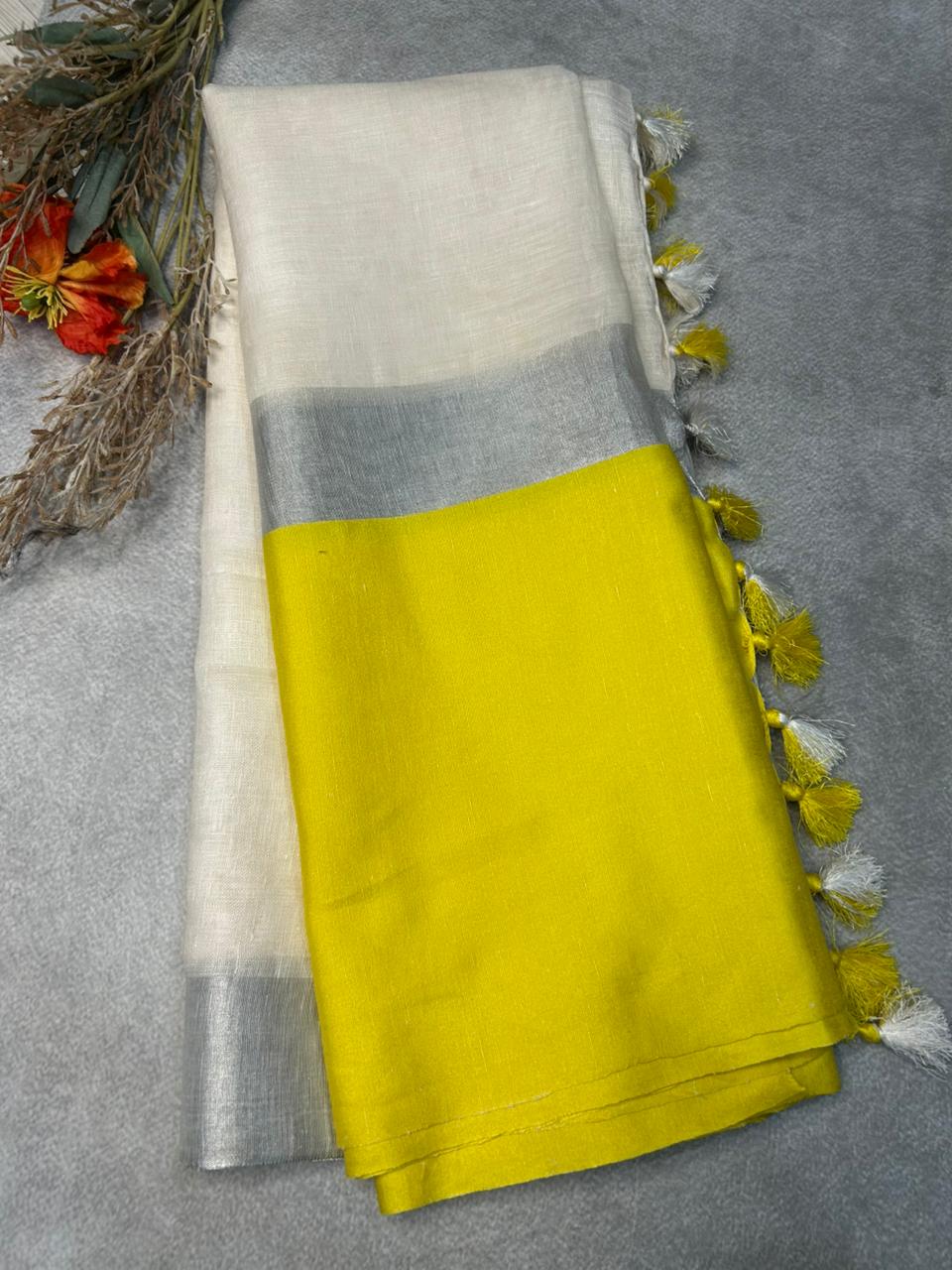 Cream n yellow linen 101 saree