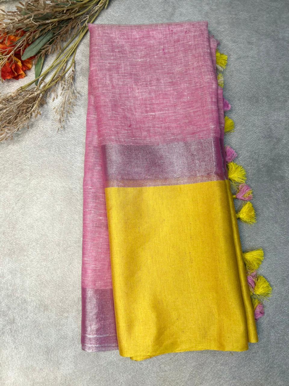 Pink n yellow linen 101 saree