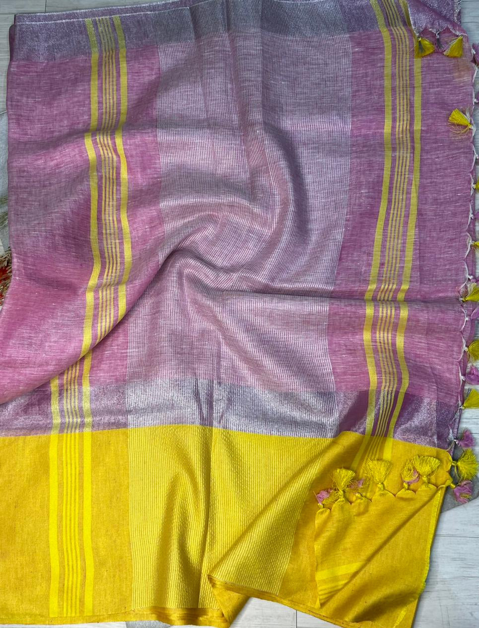 Pink n yellow linen 101 saree