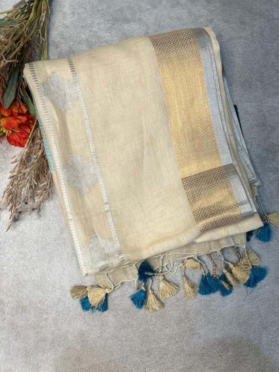 Cream n blue linen 101 saree