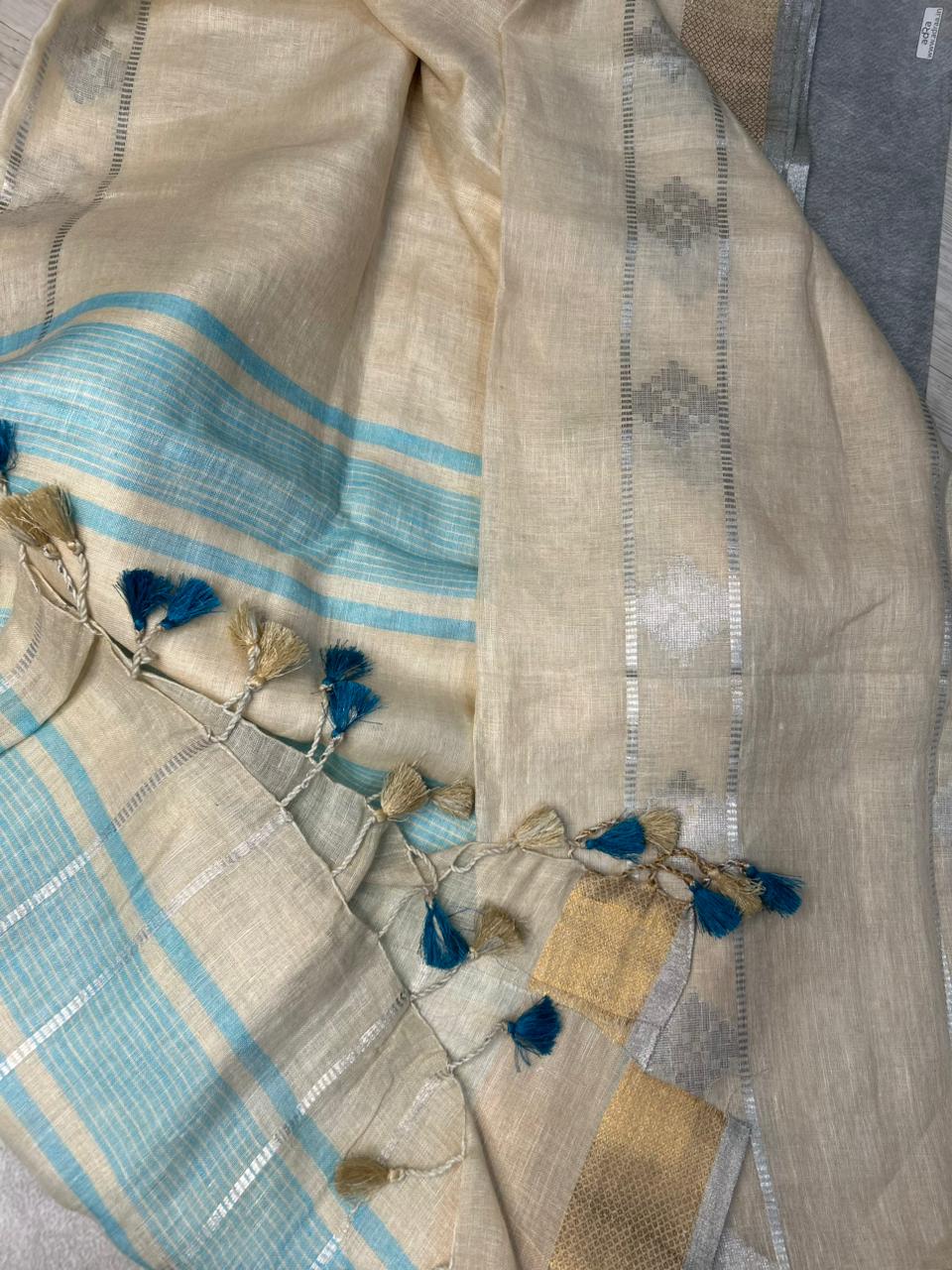 Cream n blue linen 101 saree