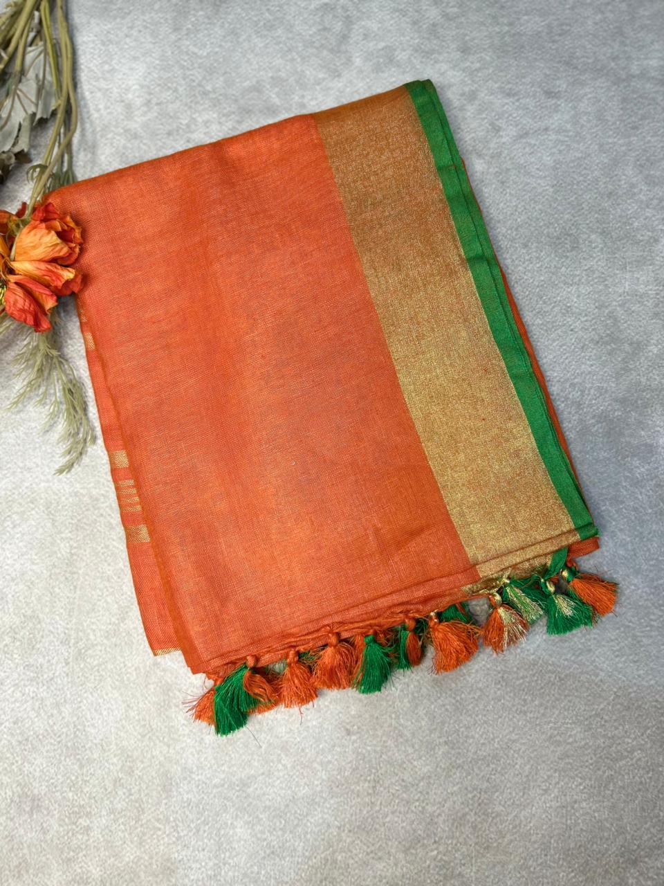 Orange n green linen 101 saree