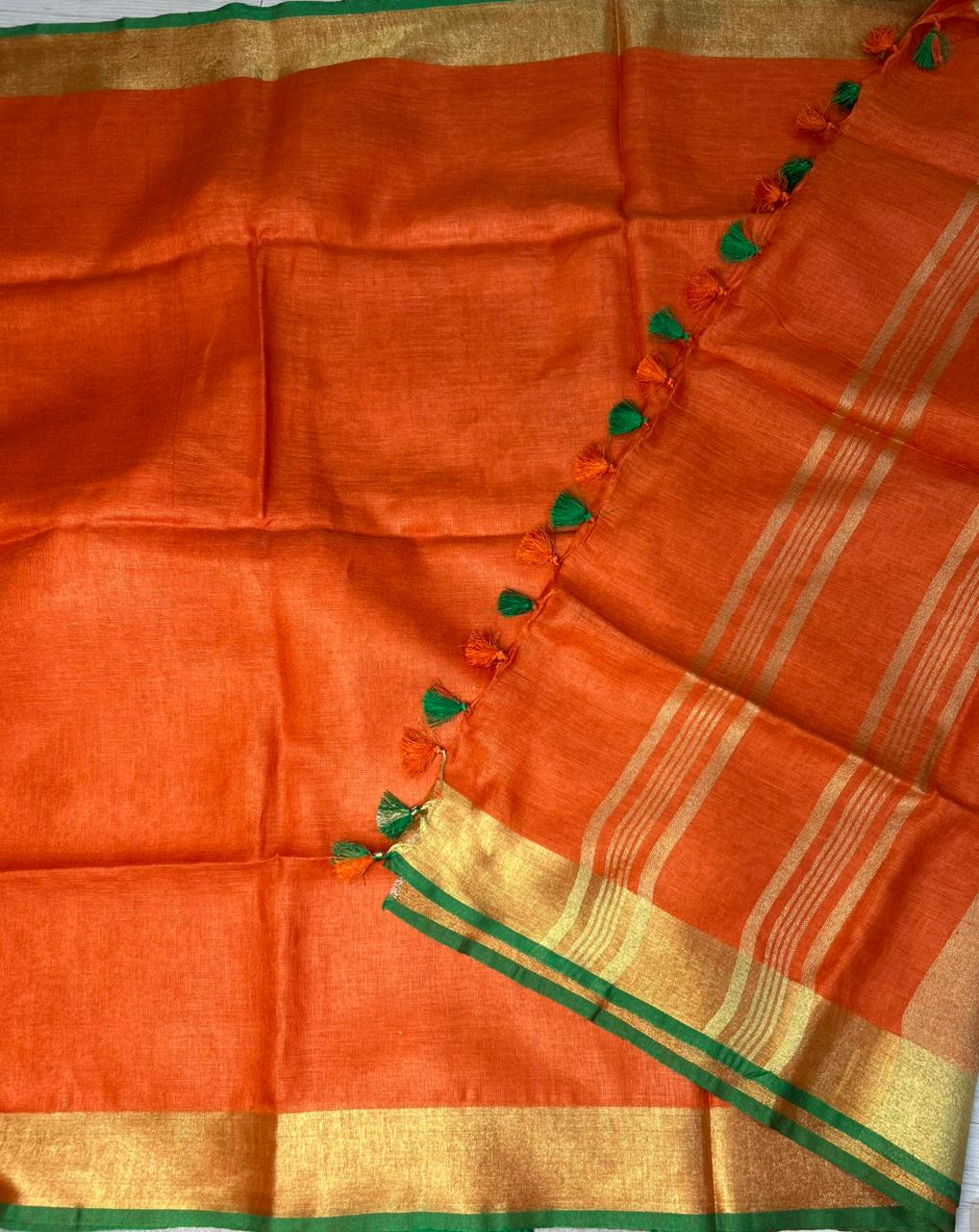 Orange n green linen 101 saree