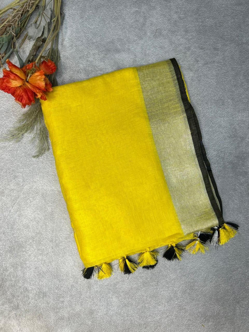 Yellow n black linen 101 saree