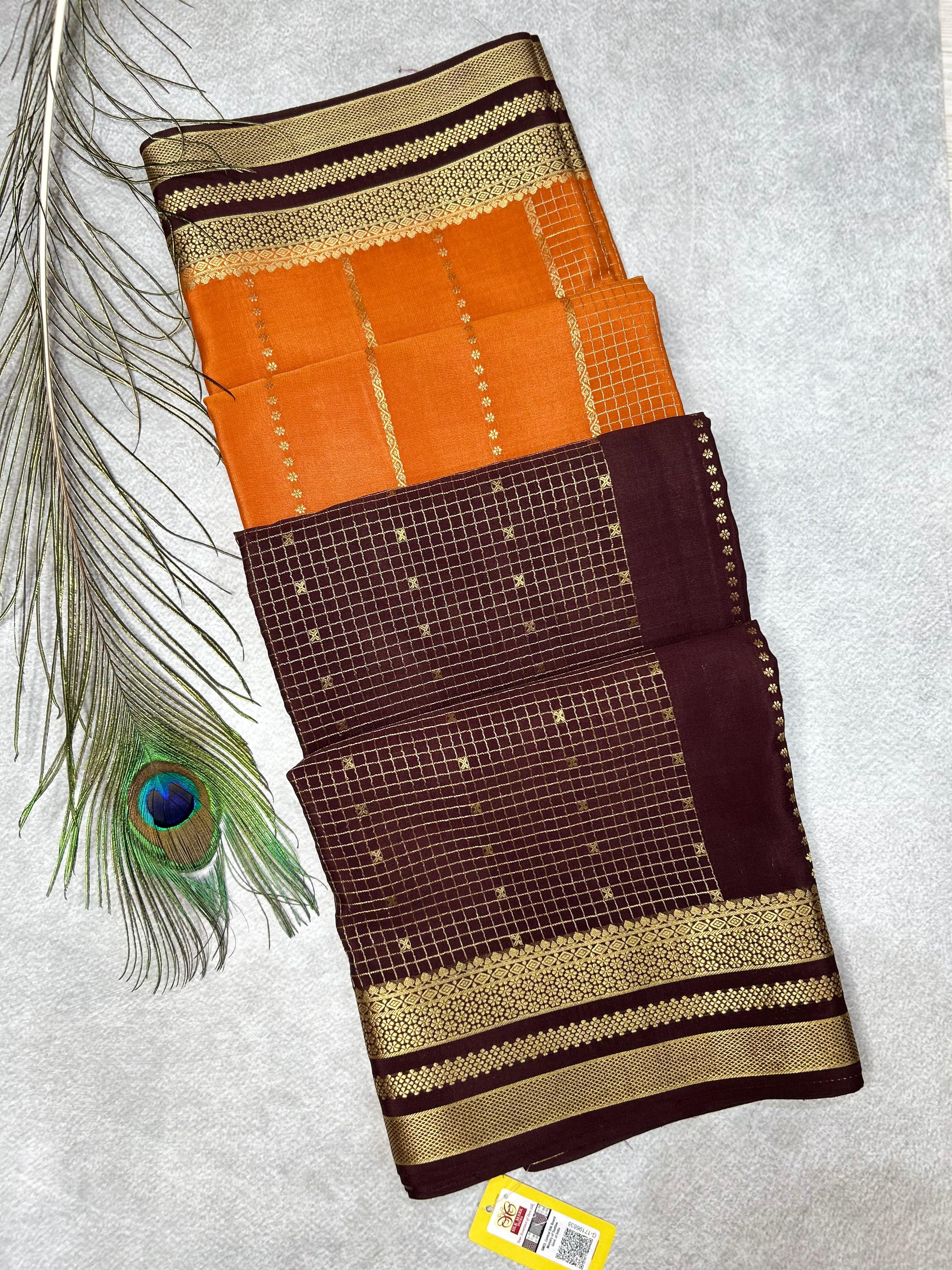 Rust orange n brown half n half pure mysore silk-101 saree