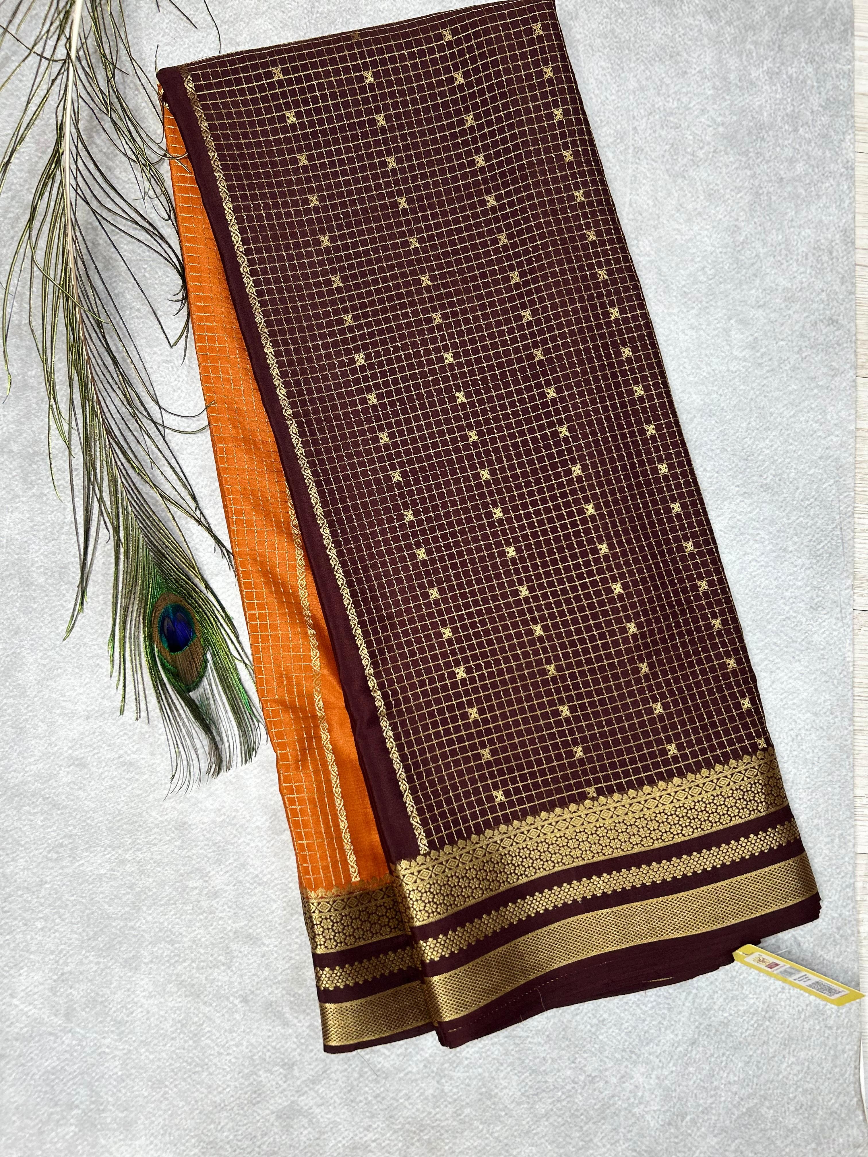 Rust orange n brown half n half pure mysore silk-101 saree