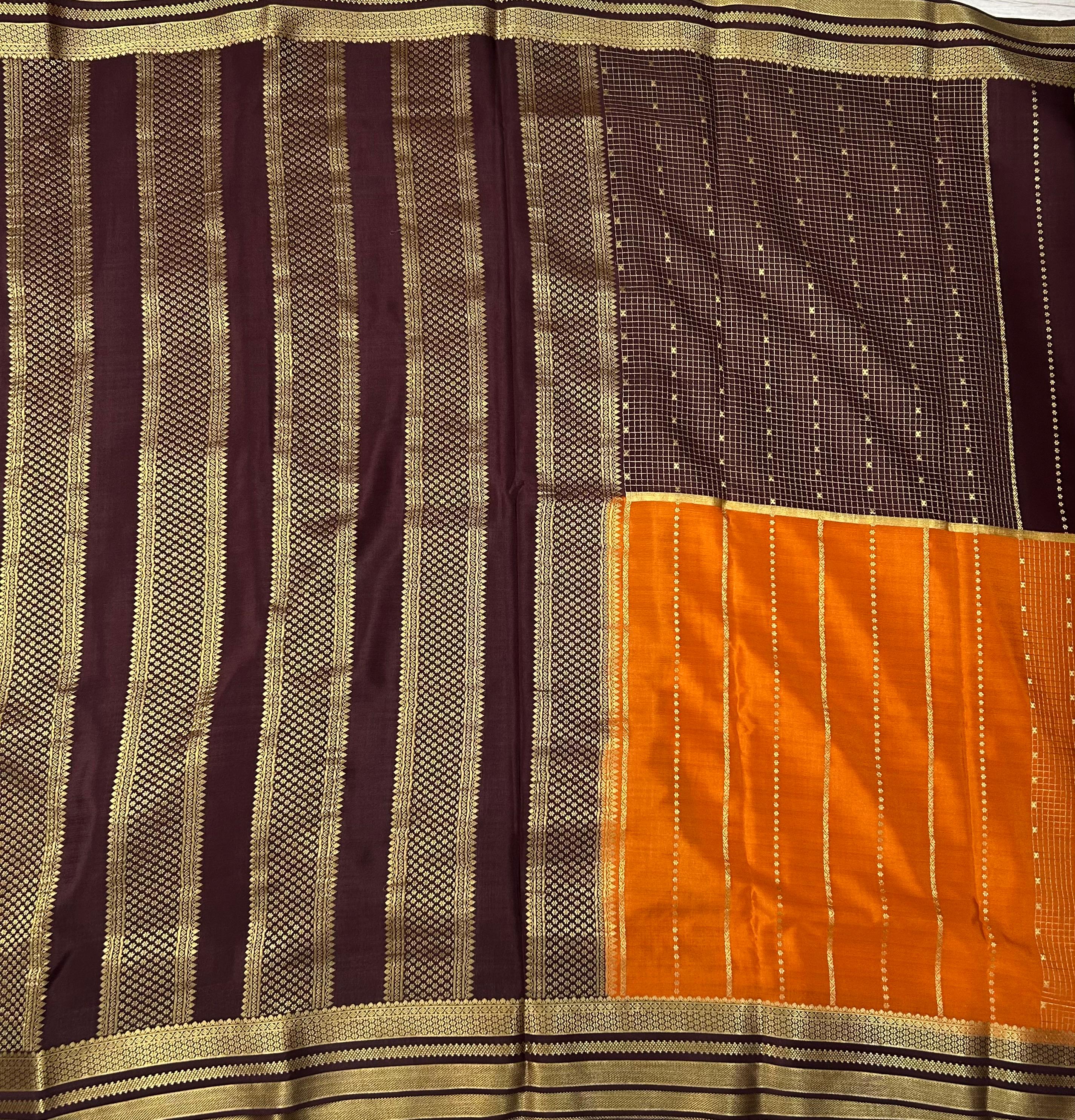 Rust orange n brown half n half pure mysore silk-101 saree