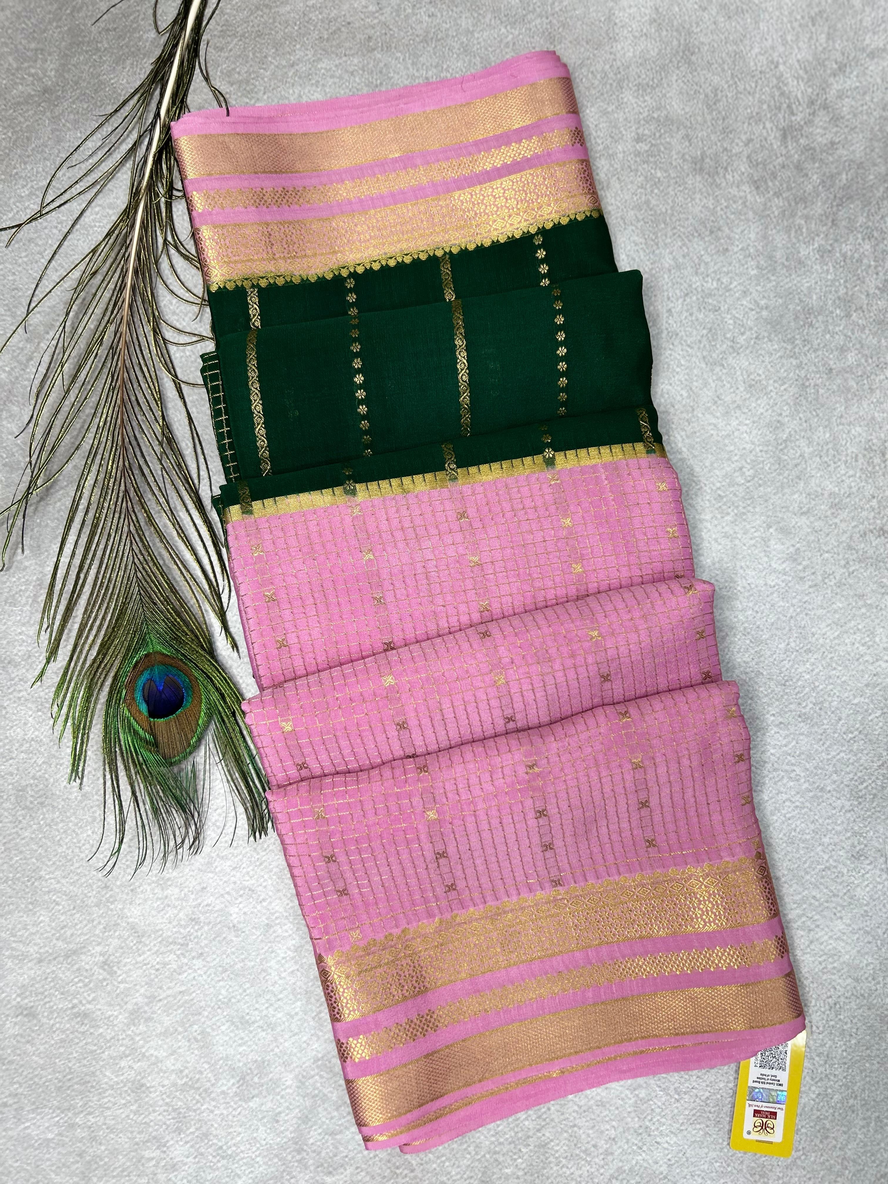 Pink n green Half n half pure mysore silk-101 saree