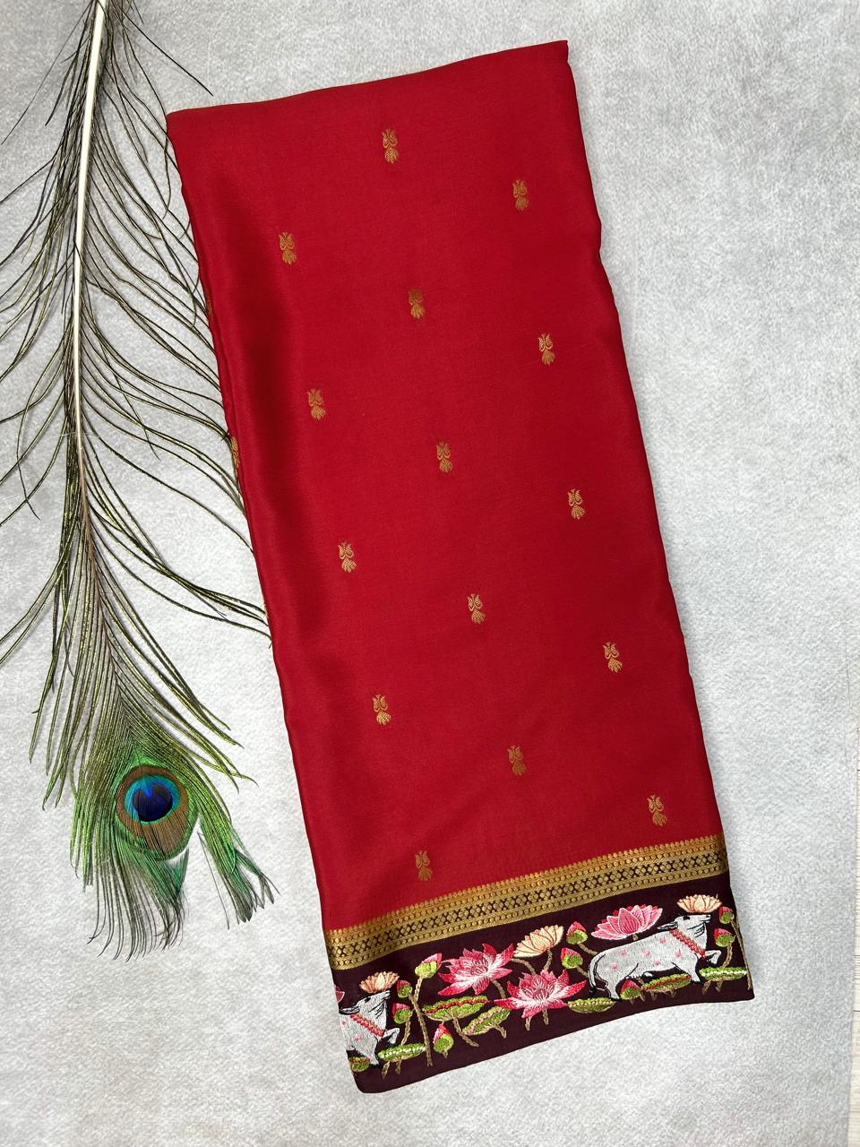 Red pichwai embrodiery pure mysore crepe silk-101 saree
