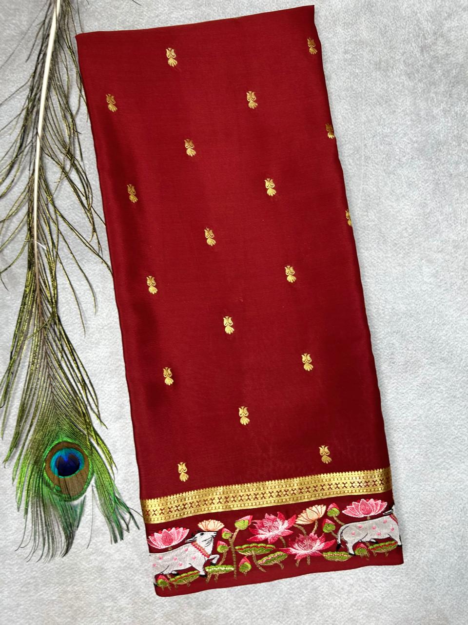 Brown pichwai embrodiery pure mysore crepe silk-101 saree