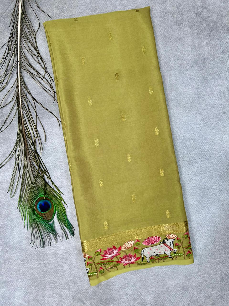 Sage green pichwai embrodiery pure mysore crepe silk-101 saree