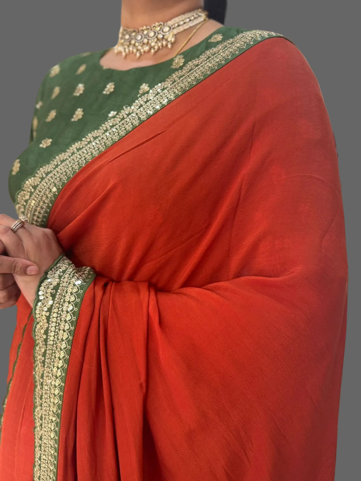 Rust Orange green crepe silk-101