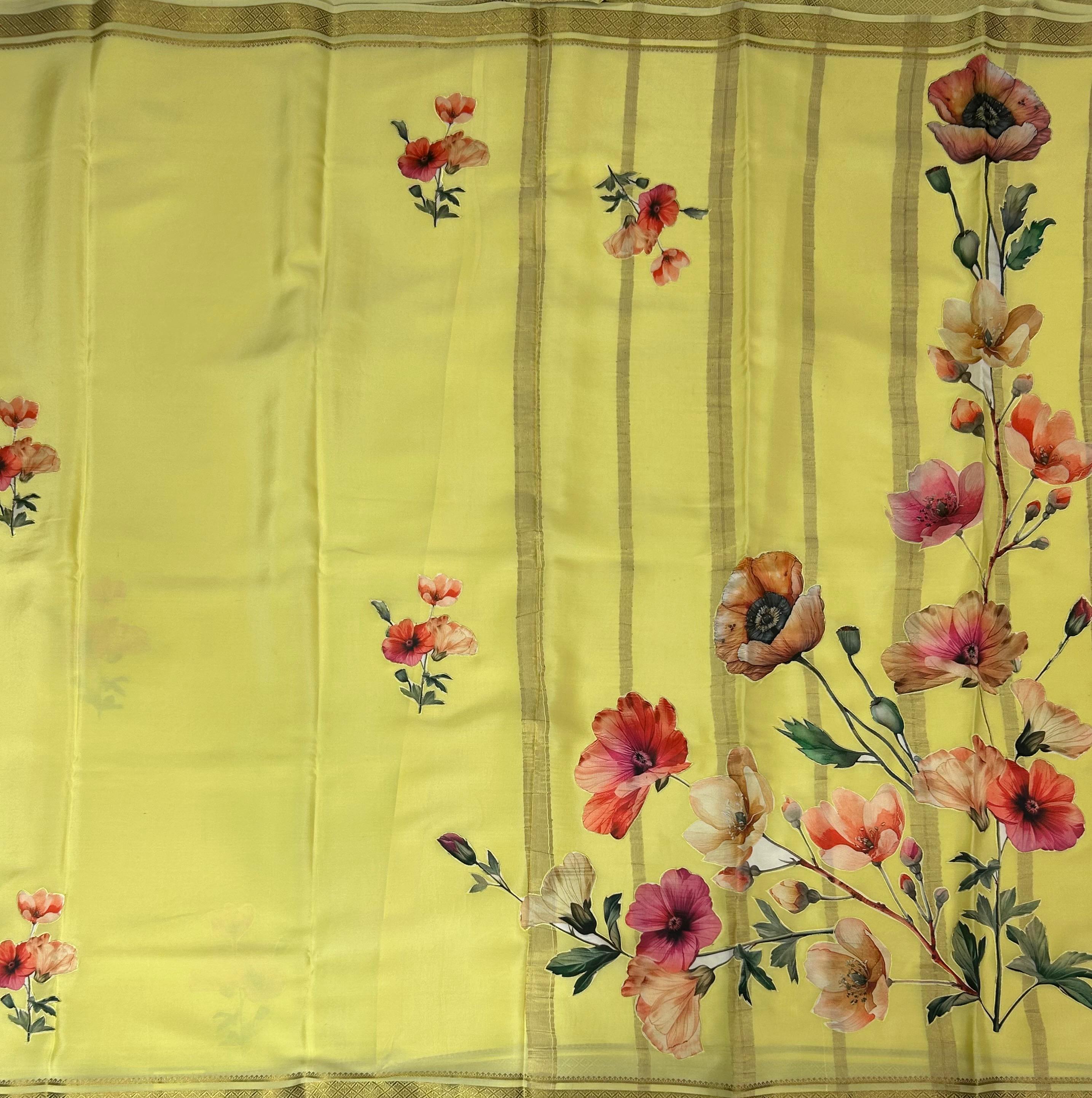 Pastel yellow aplique work pure mysore crepe silk saree