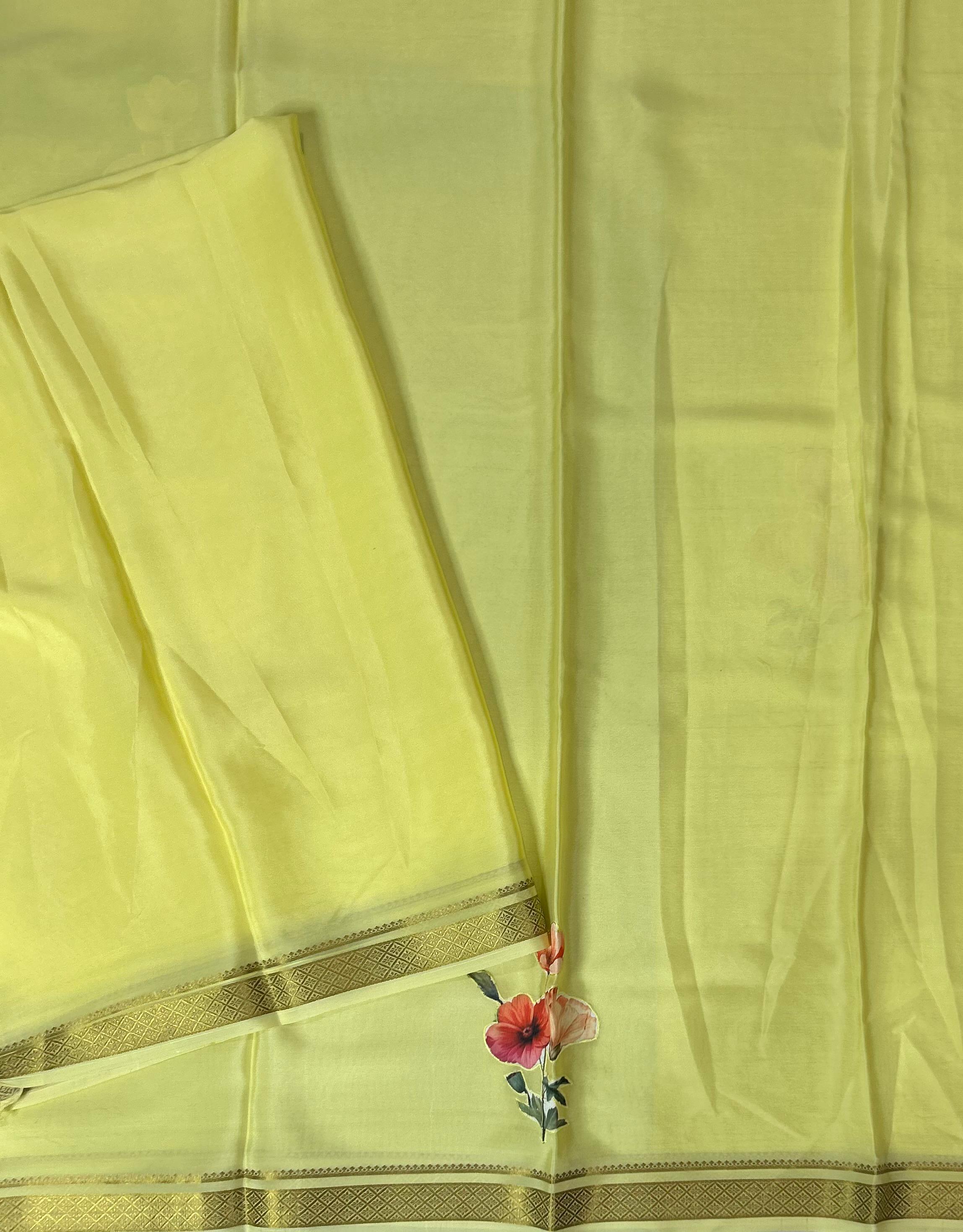 Pastel yellow aplique work pure mysore crepe silk saree