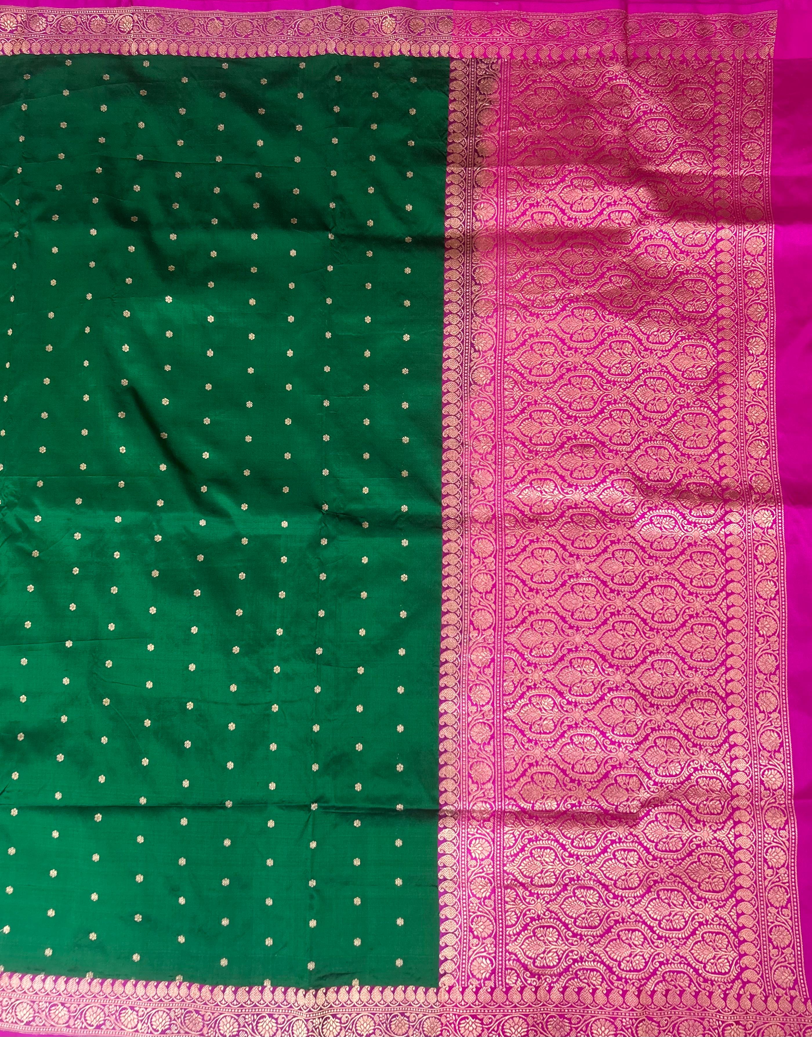 Bottle green n rani pink pure  benaras kathan silk-101 saree