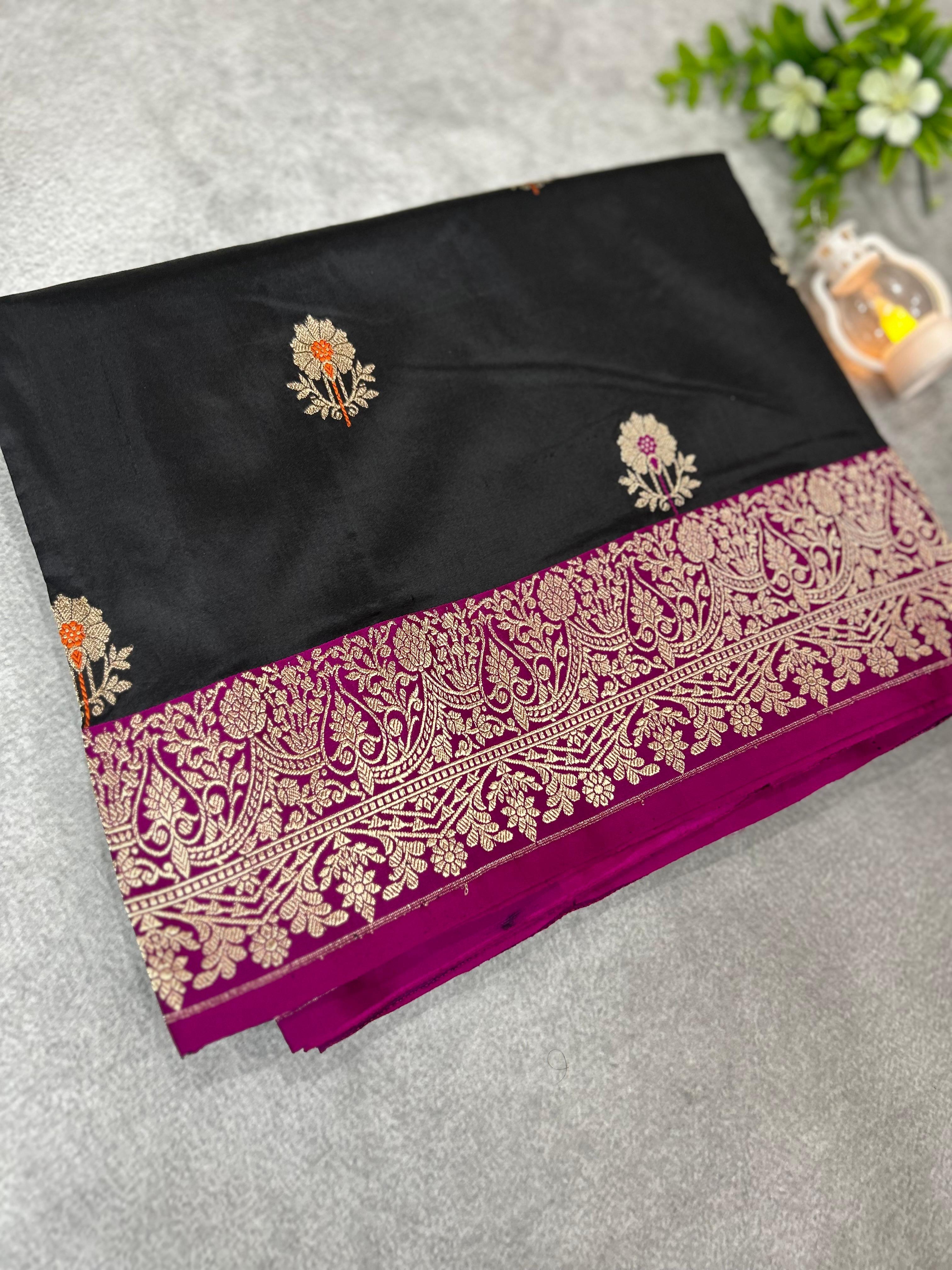 Black n rani pink meena work pure  benaras kathan silk-101 saree