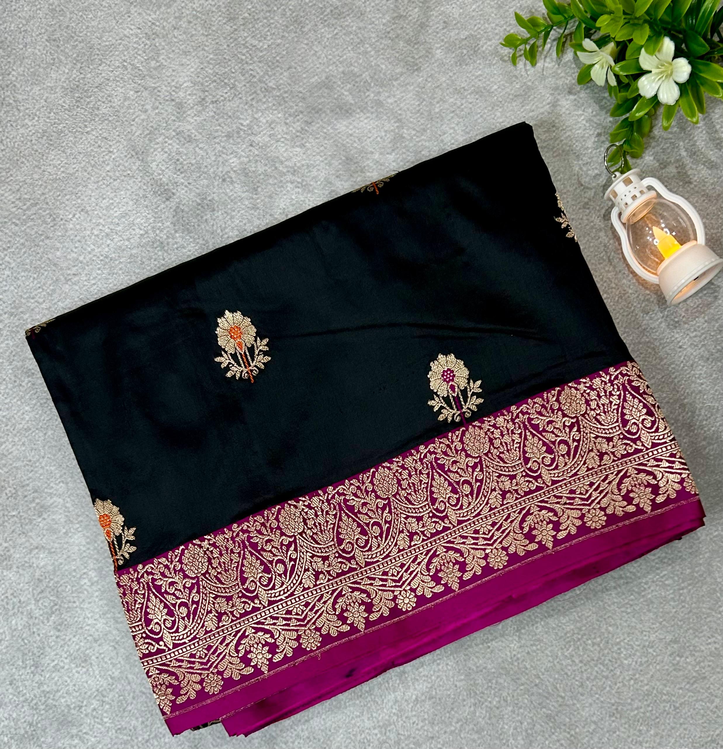 Black n rani pink meena work pure  benaras kathan silk-101 saree