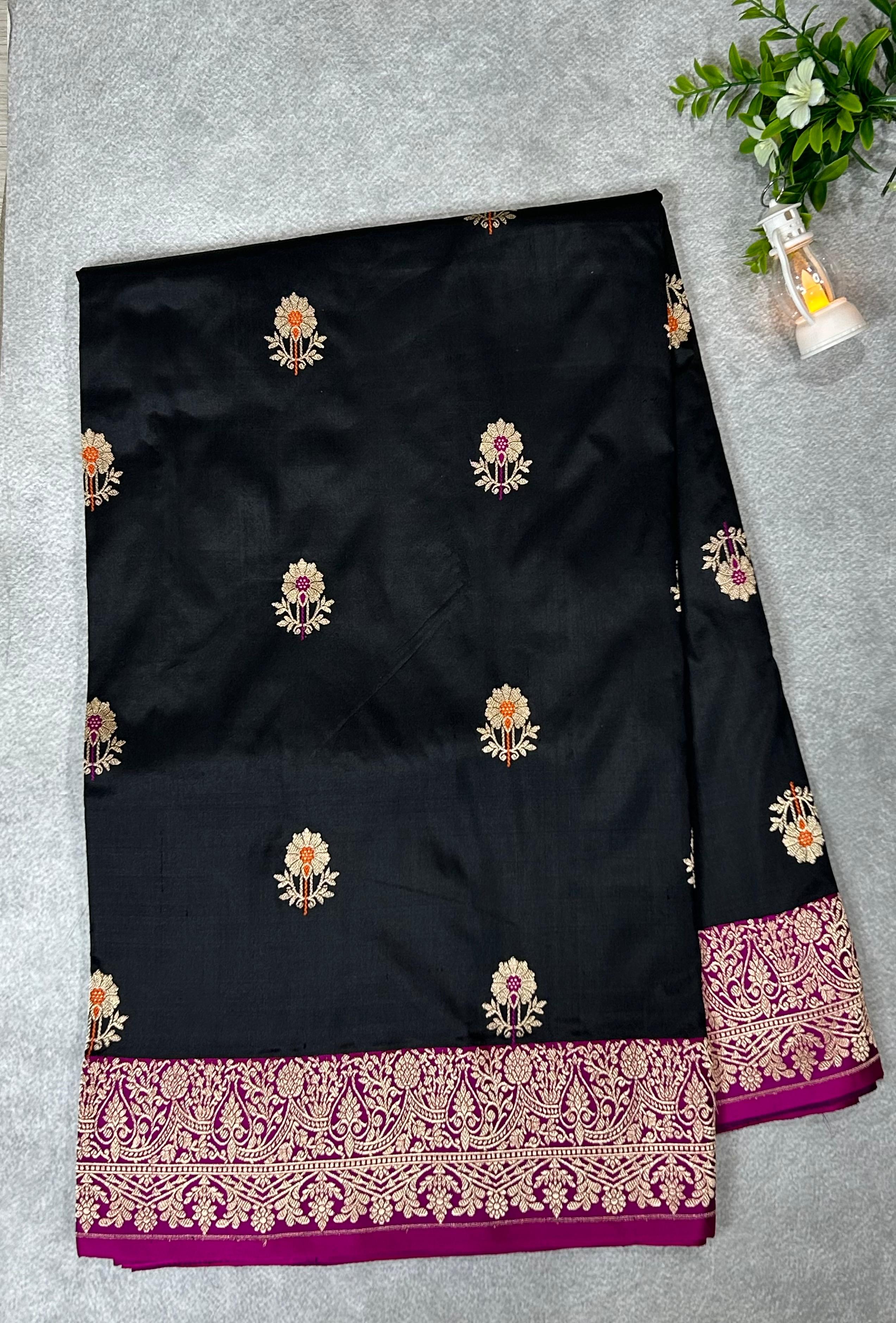 Black n rani pink meena work pure  benaras kathan silk-101 saree