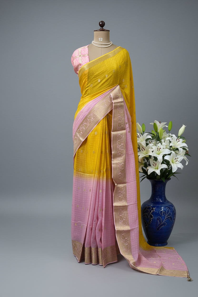 Yellow n pink crush crepe saree