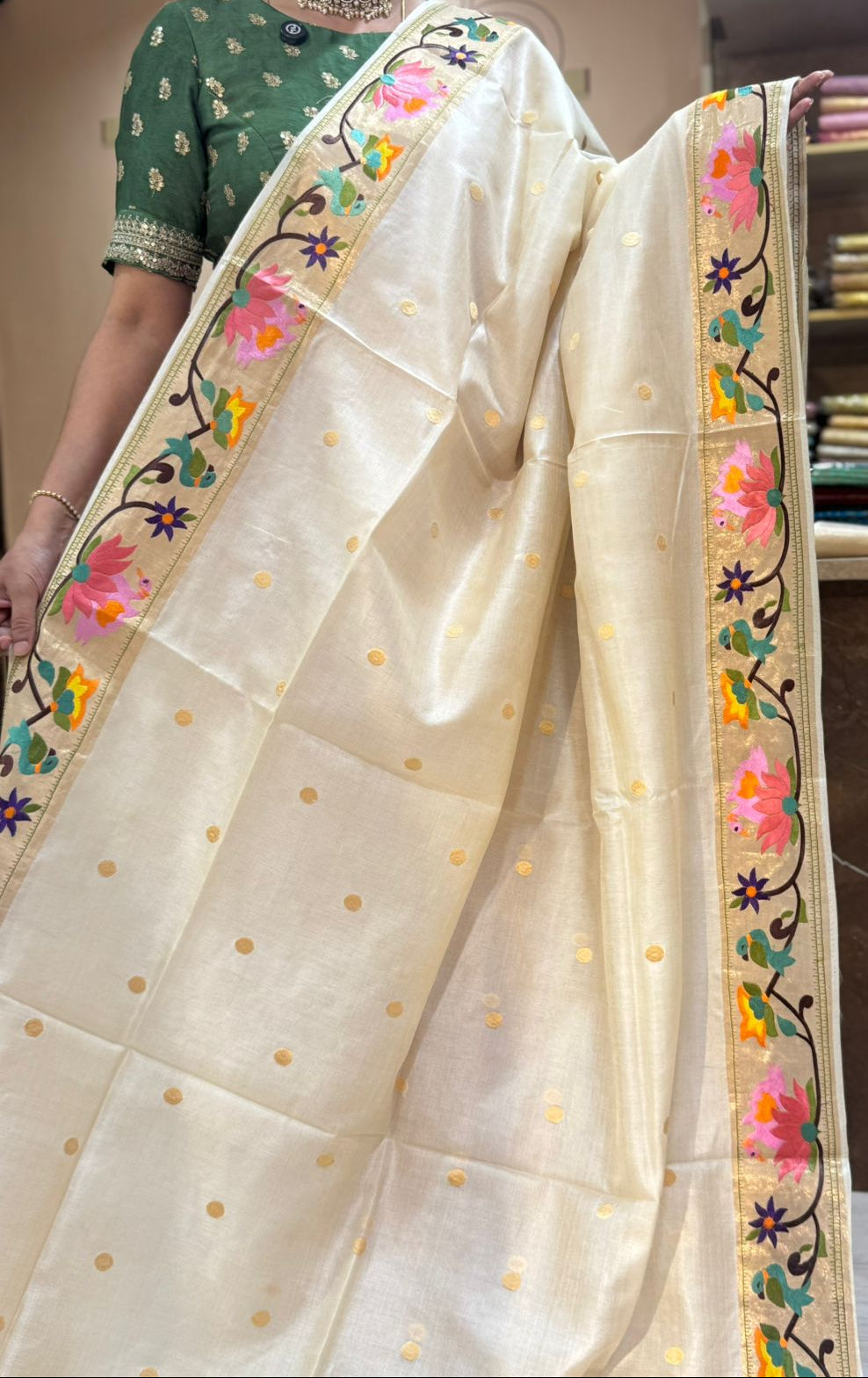 Cream Pure paithani tussar 101 saree