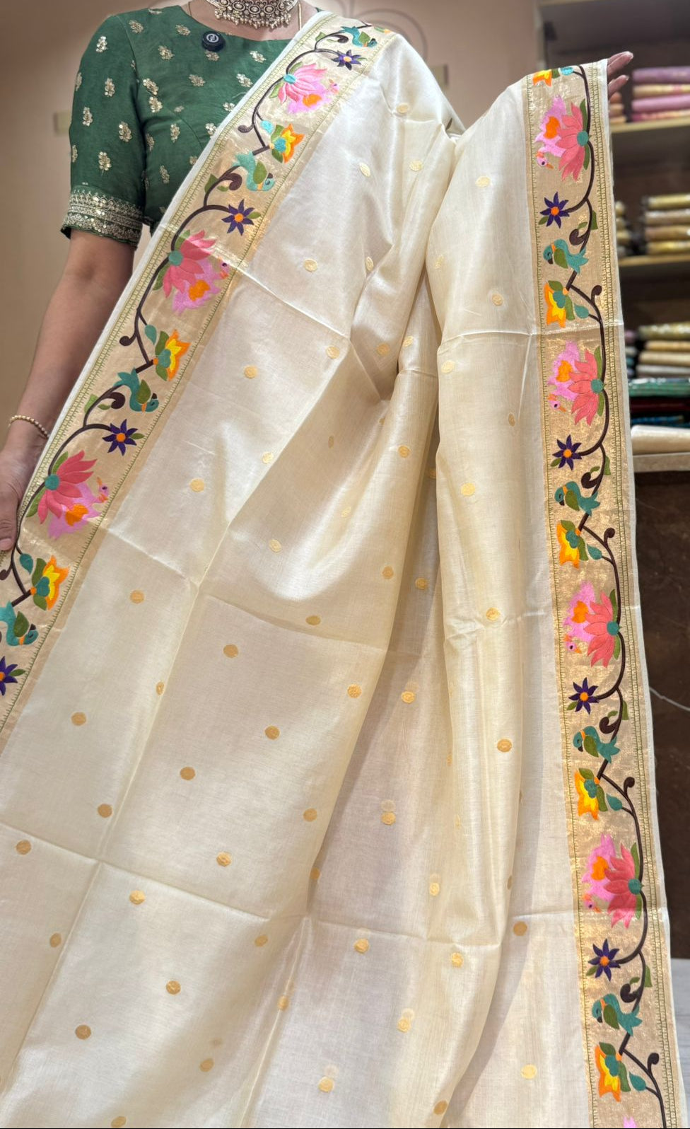 Cream Pure paithani tussar 101 saree