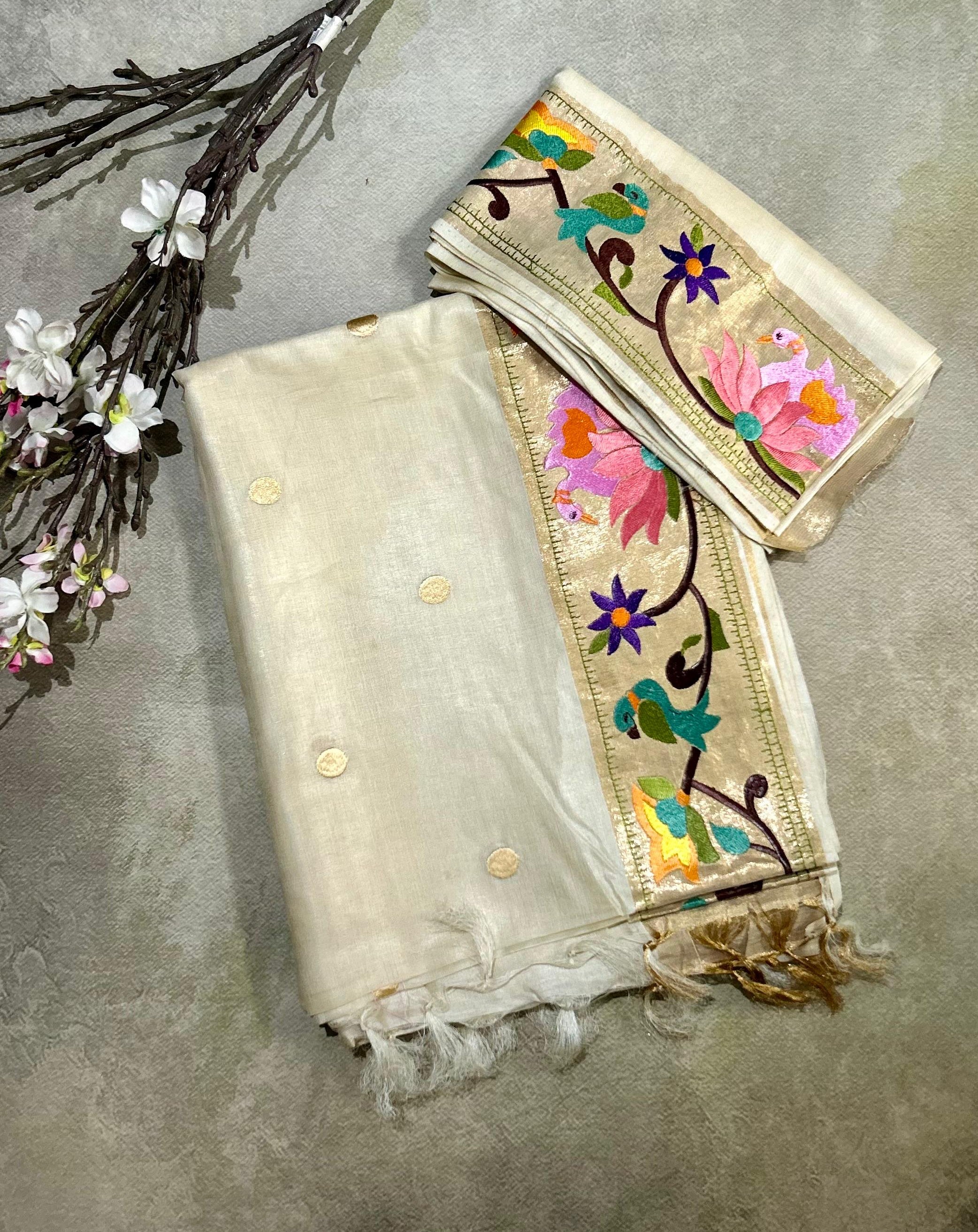 Cream Pure paithani tussar 101 saree