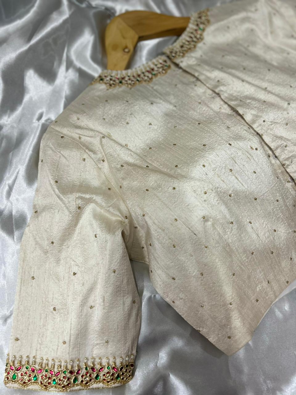 Cream pure raw silk hand work blouse 101