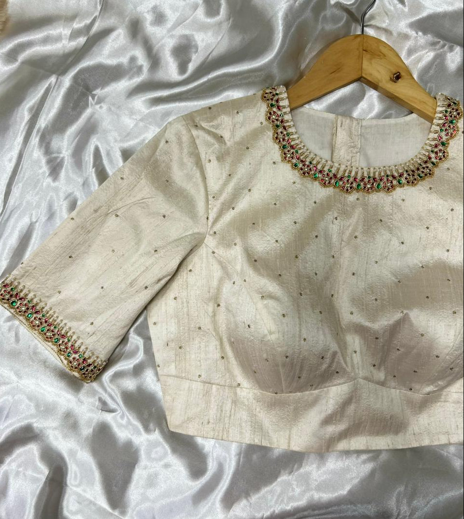 Cream pure raw silk hand work blouse 101